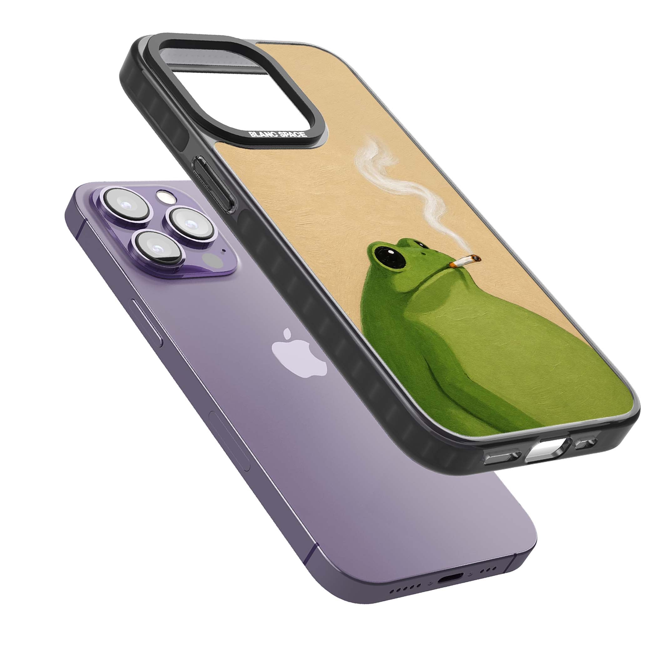 The Smoking Frog cottagecore iPhone case featuring a hand-painted green frog smoking a cigarette on a cream oil painting back | Black Impact case for iPhone 13 Pro, iPhone 14 Pro, iPhone 15 Pro