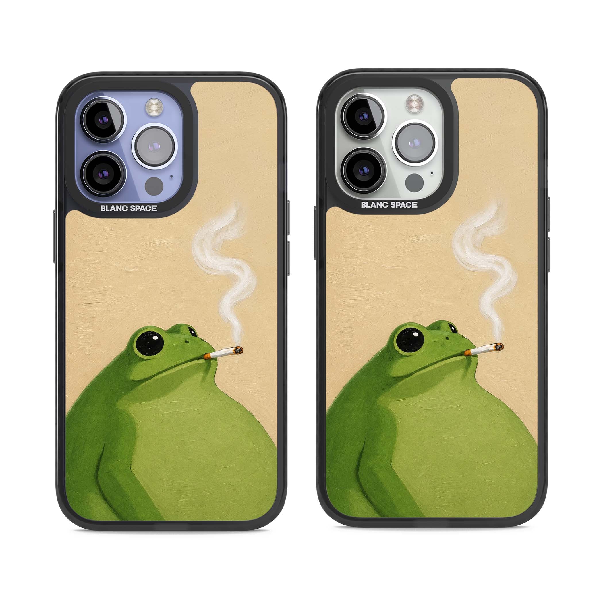 The Smoking Frog cottagecore iPhone case featuring a hand-painted green frog smoking a cigarette on a cream oil painting back | Black Impact case for iPhone 13 Pro, iPhone 14 Pro, iPhone 15 Pro