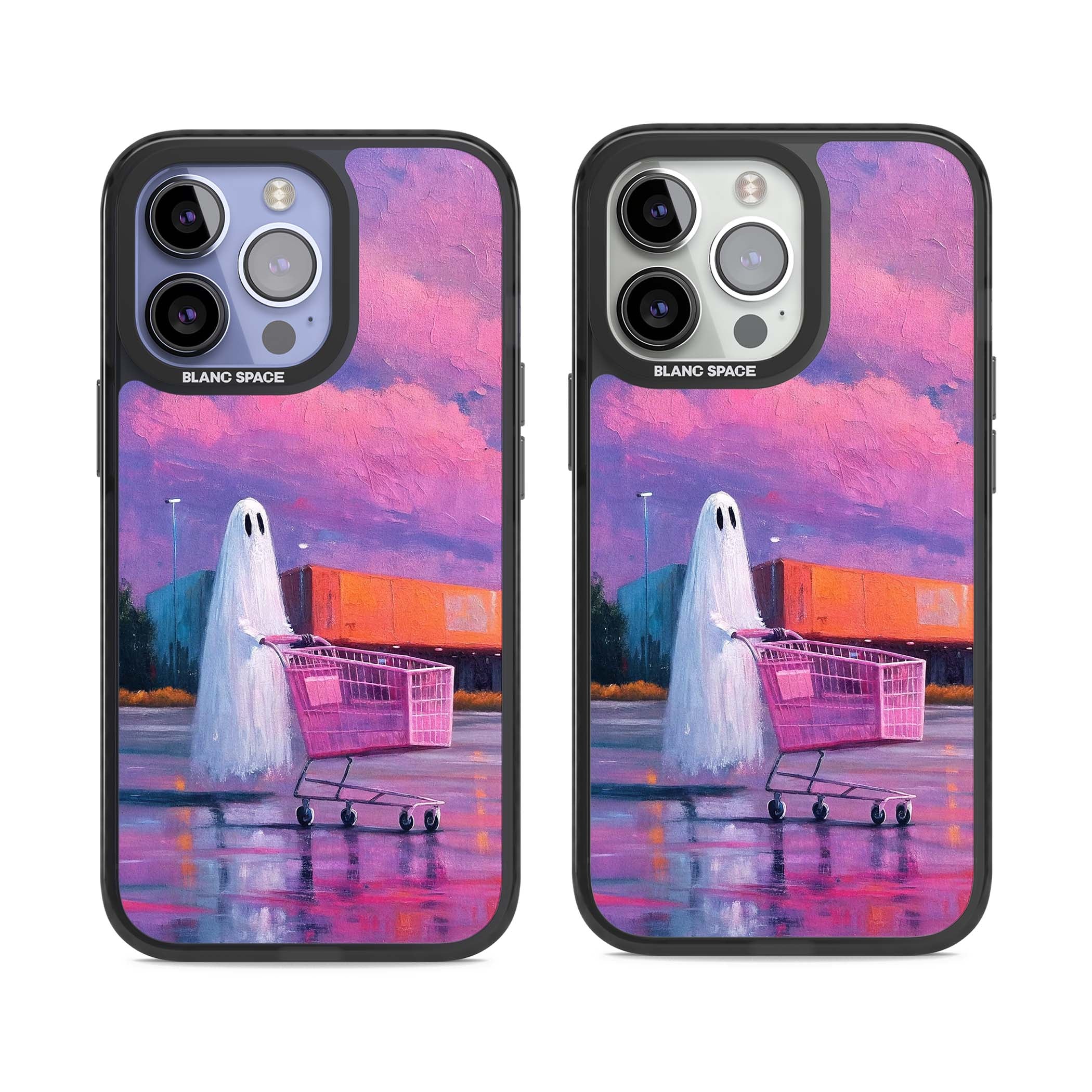 A Ghost's Errand ghost halloween iPhone case featuring a painted ghost, pink shopping trolley and purple sunset sky | Black Impact case for iPhone 13 Pro, iPhone 14 Pro, iPhone 15 Pro