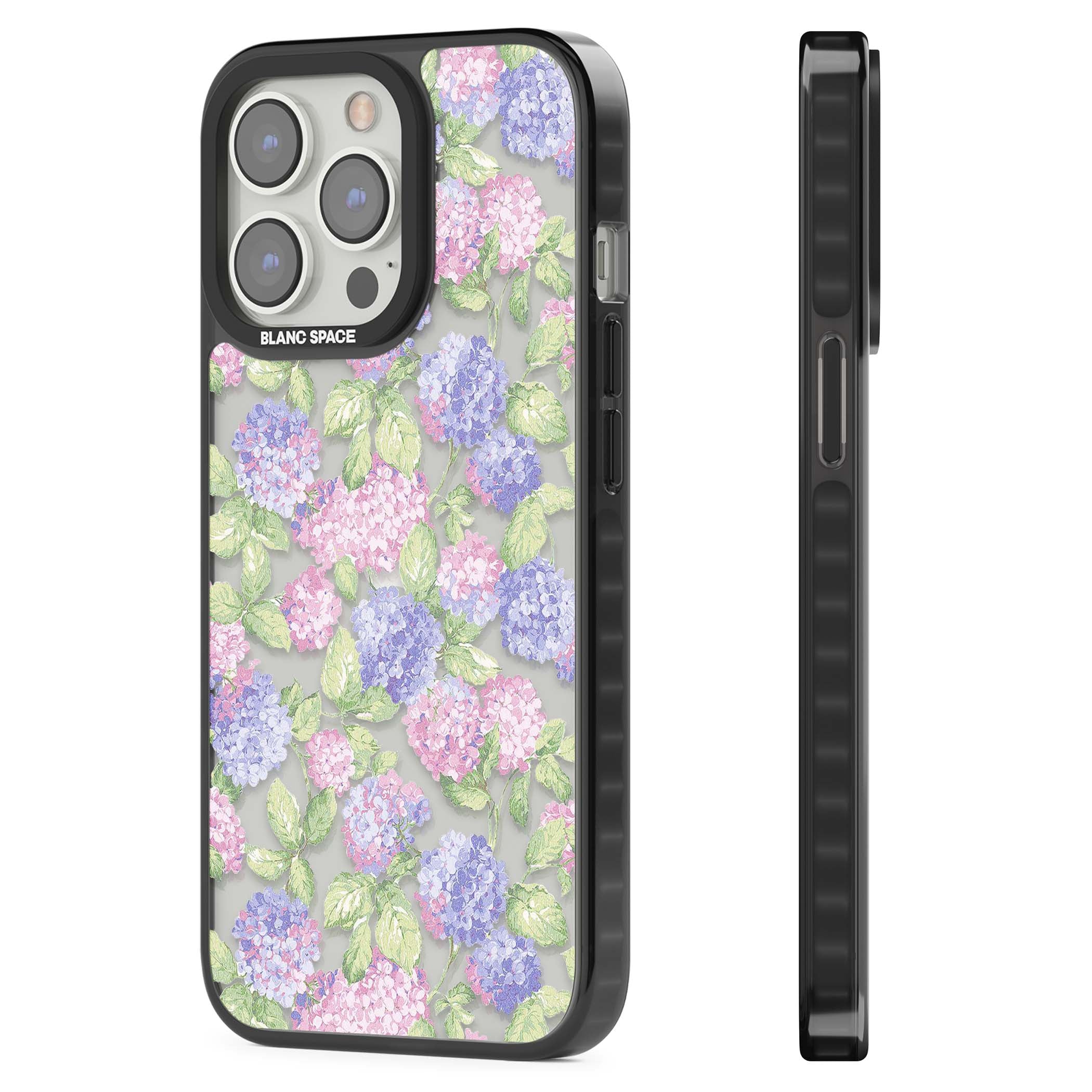 Cottage Hydrangea cottagecore iPhone case featuring pink and purple hydrangea blooms with green leaves on a clear background | Black Impact case for iPhone 13 Pro, iPhone 14 Pro, iPhone 15 Pro