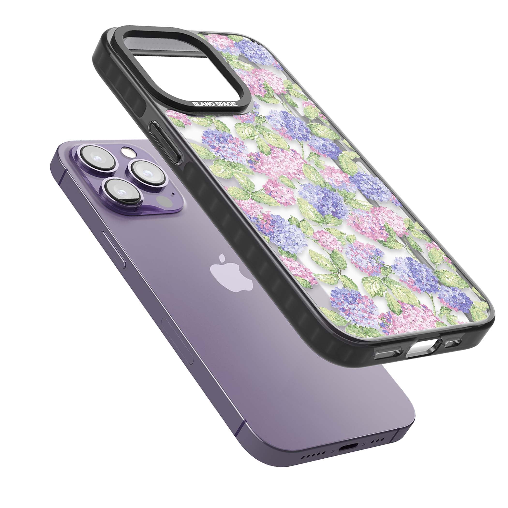 Cottage Hydrangea cottagecore iPhone case featuring pink and purple hydrangea blooms with green leaves on a clear background | Black Impact case for iPhone 13 Pro, iPhone 14 Pro, iPhone 15 Pro