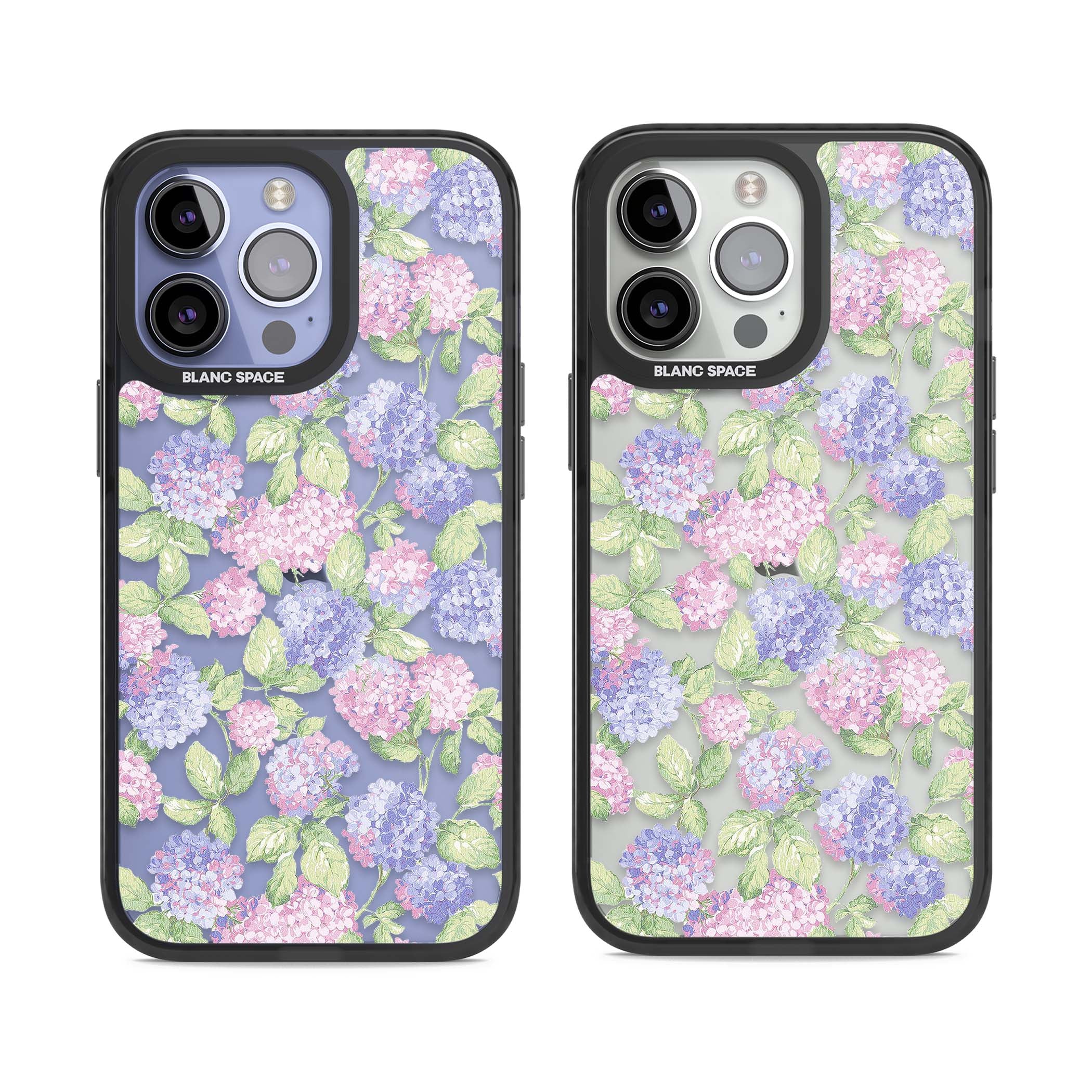 Cottage Hydrangea cottagecore iPhone case featuring pink and purple hydrangea blooms with green leaves on a clear background | Black Impact case for iPhone 13 Pro, iPhone 14 Pro, iPhone 15 Pro