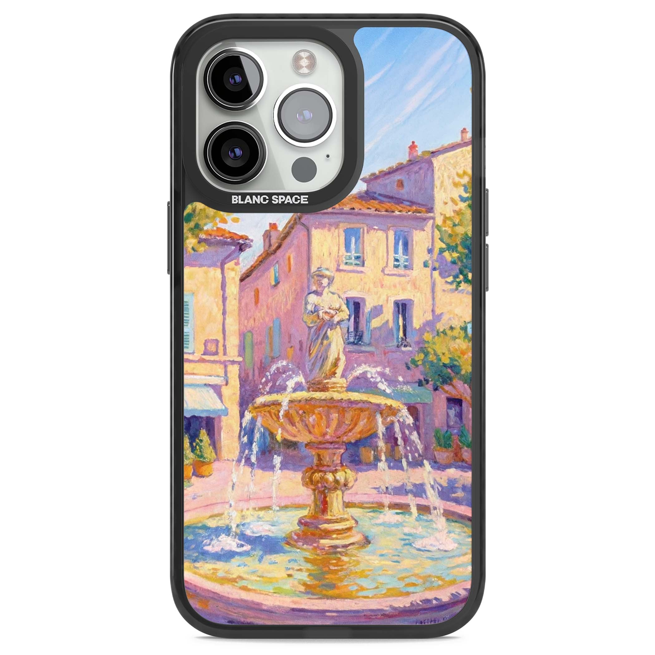 Fountain Square fine art iPhone case featuring an impressionist Provençal fountain, pastel village buildings and summe | Black Impact case for iPhone 13 Pro, iPhone 14 Pro, iPhone 15 Pro