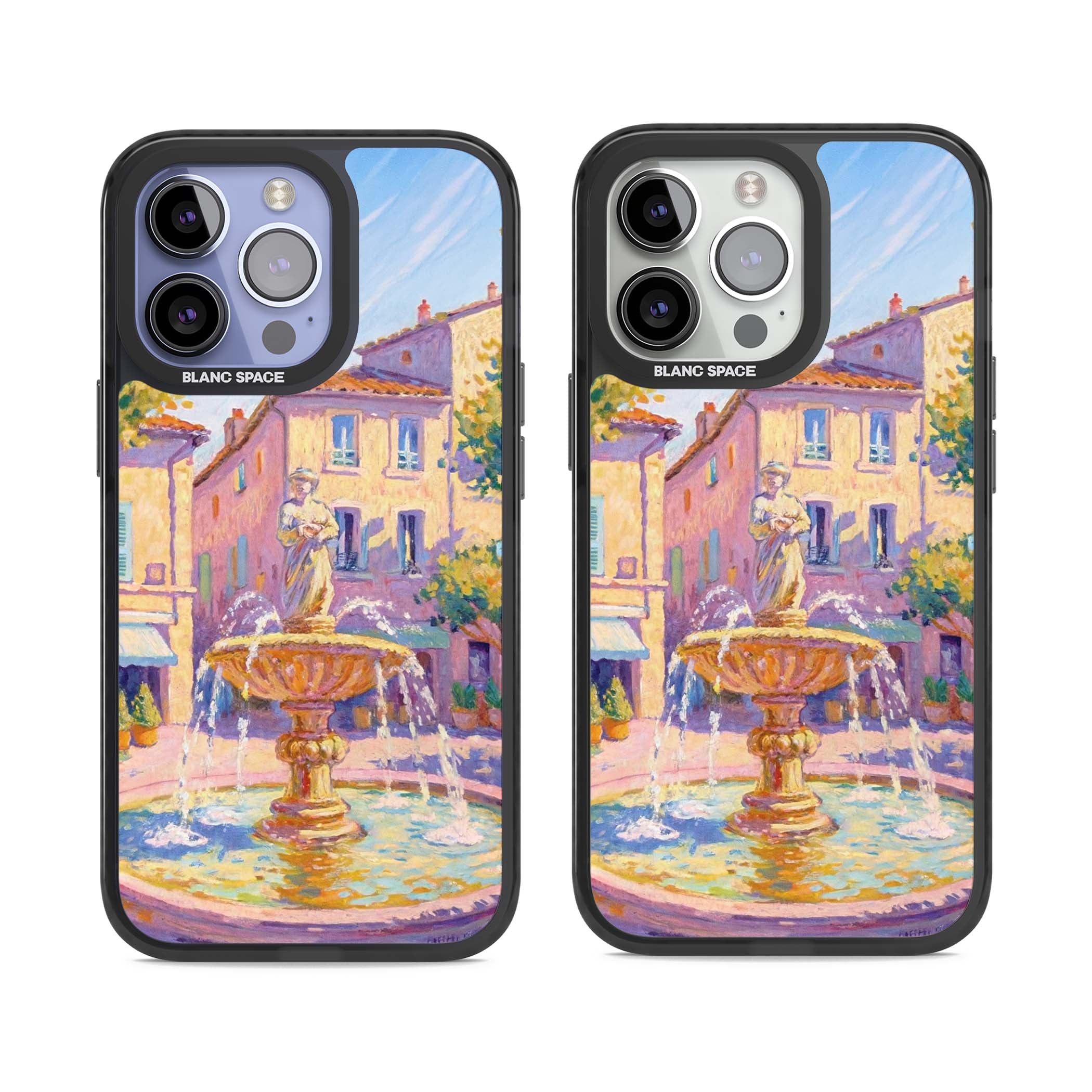 Fountain Square fine art iPhone case featuring an impressionist Provençal fountain, pastel village buildings and summe | Black Impact case for iPhone 13 Pro, iPhone 14 Pro, iPhone 15 Pro