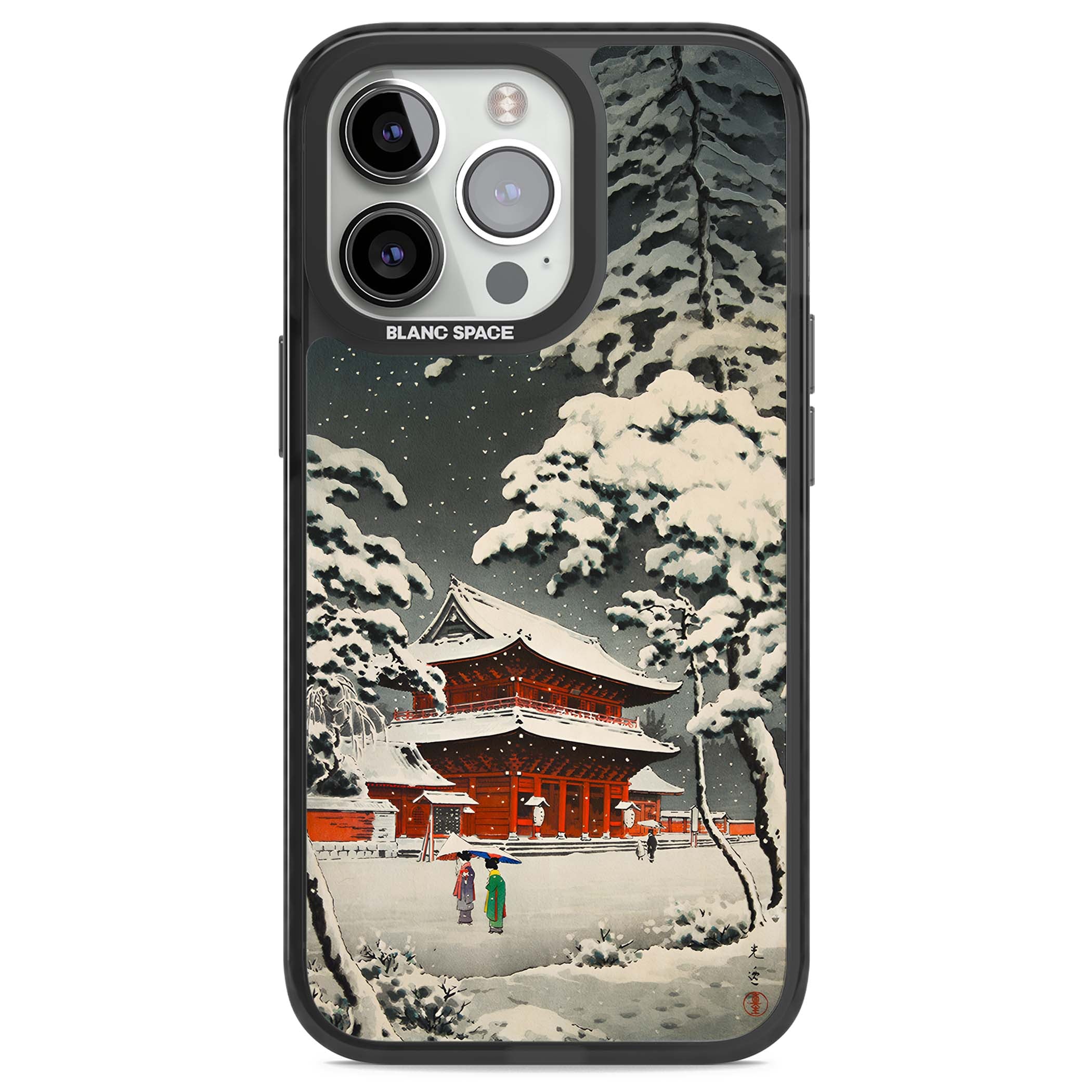 Snow at Shiha Park, Tokyo Japanese art iPhone case featuring a vintage ukiyo-e snowy temple, red pagoda, and snow-covered pin | Black Impact case for iPhone 13 Pro, iPhone 14 Pro, iPhone 15 Pro
