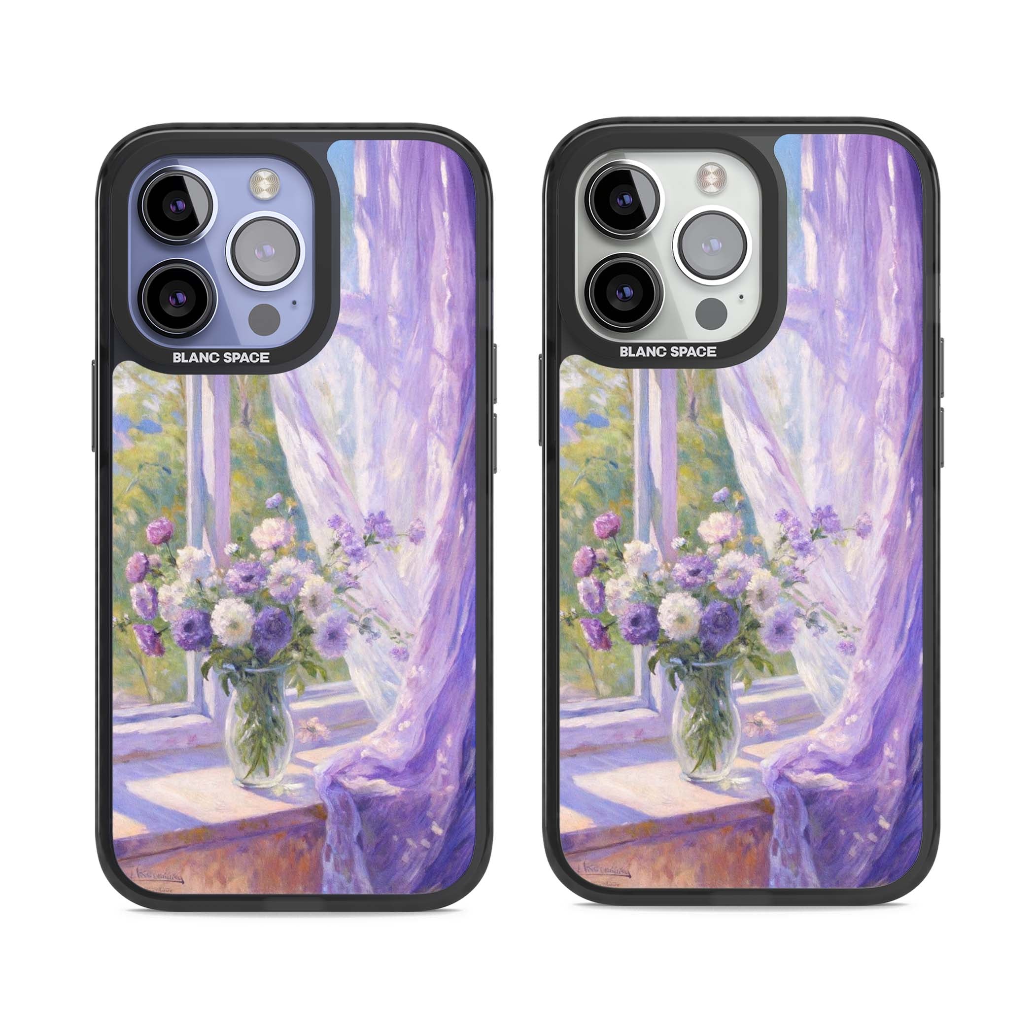 A Provence Morning impressionist art iPhone case featuring a vase of purple flowers, sunlit window and sheer curt | Black Impact case for iPhone 13 Pro, iPhone 14 Pro, iPhone 15 Pro