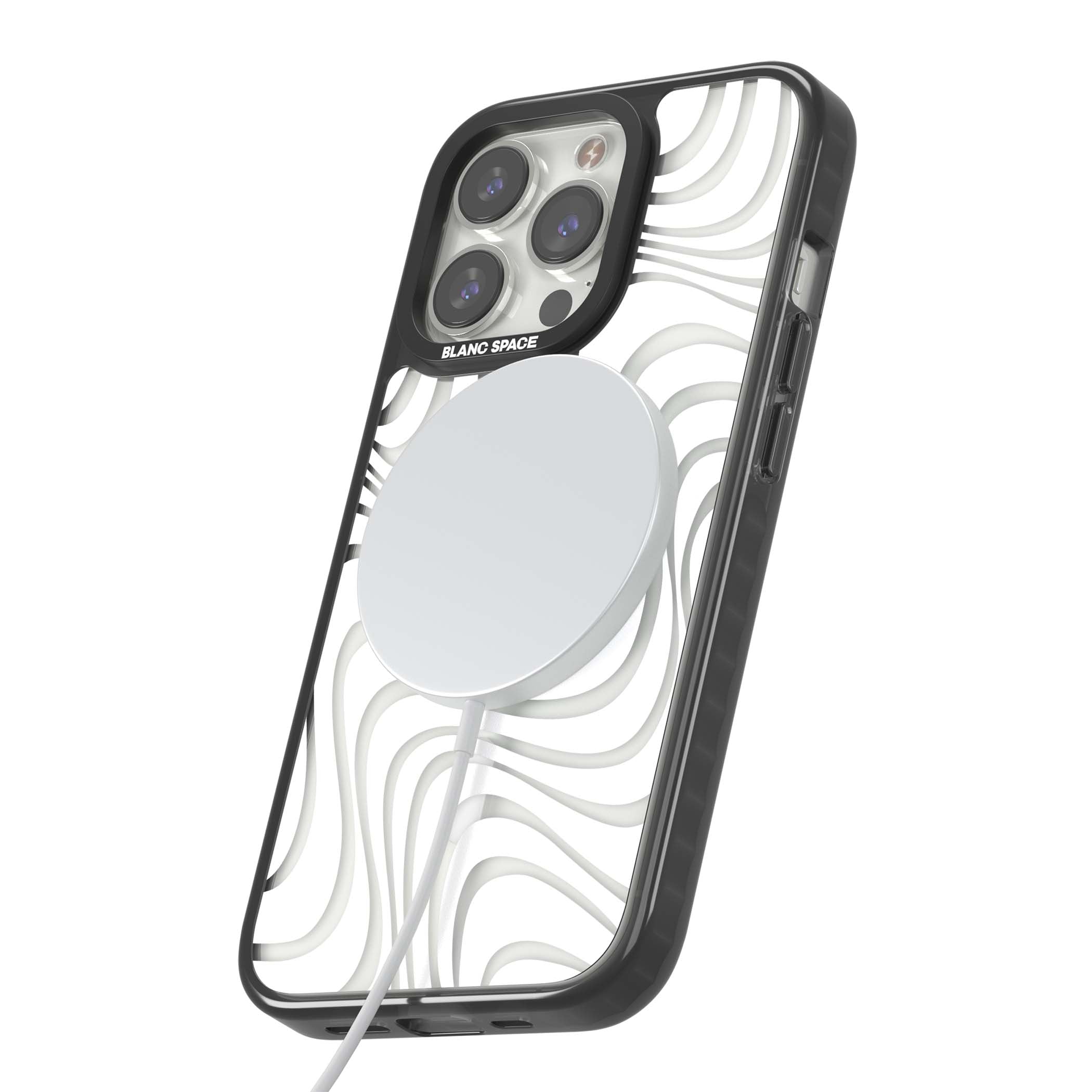 White Abstract Waves abstract iPhone case featuring flowing grey wave pattern on clear background | Black Impact Magsafe case for iPhone 13 Pro, iPhone 14 Pro, iPhone 15 Pro