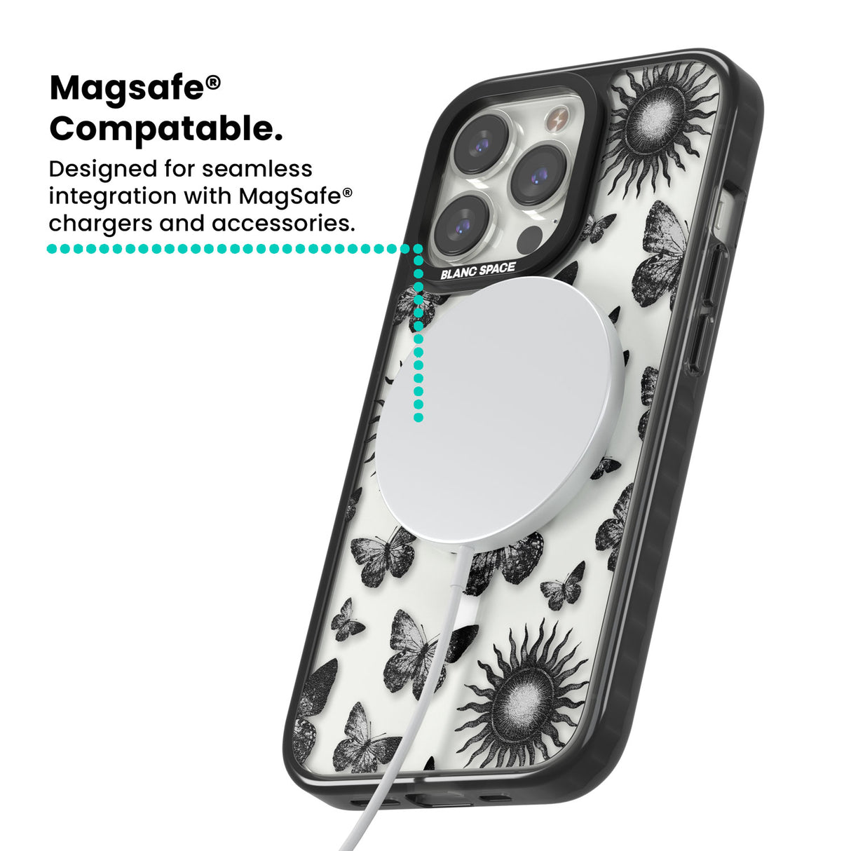 Butterflies & Suns Magsafe Black Impact Phone Case for iPhone 13 Pro, iPhone 14 Pro, iPhone 15 Pro