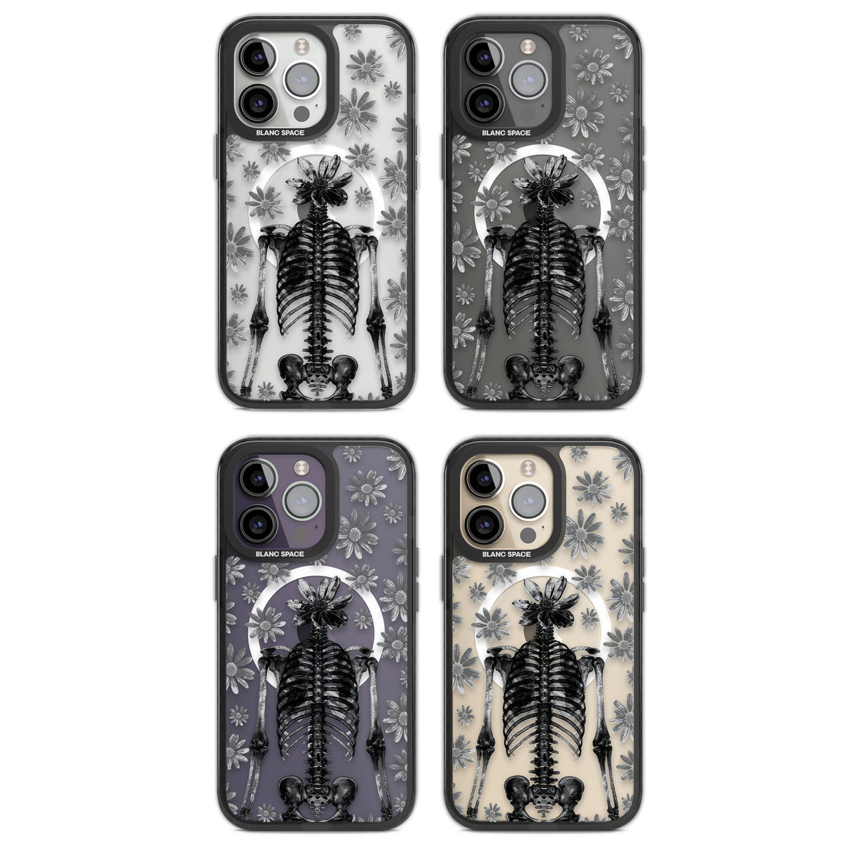 Skeleton Flower Magsafe Black Impact Phone Case for iPhone 13 Pro, iPhone 14 Pro, iPhone 15 Pro