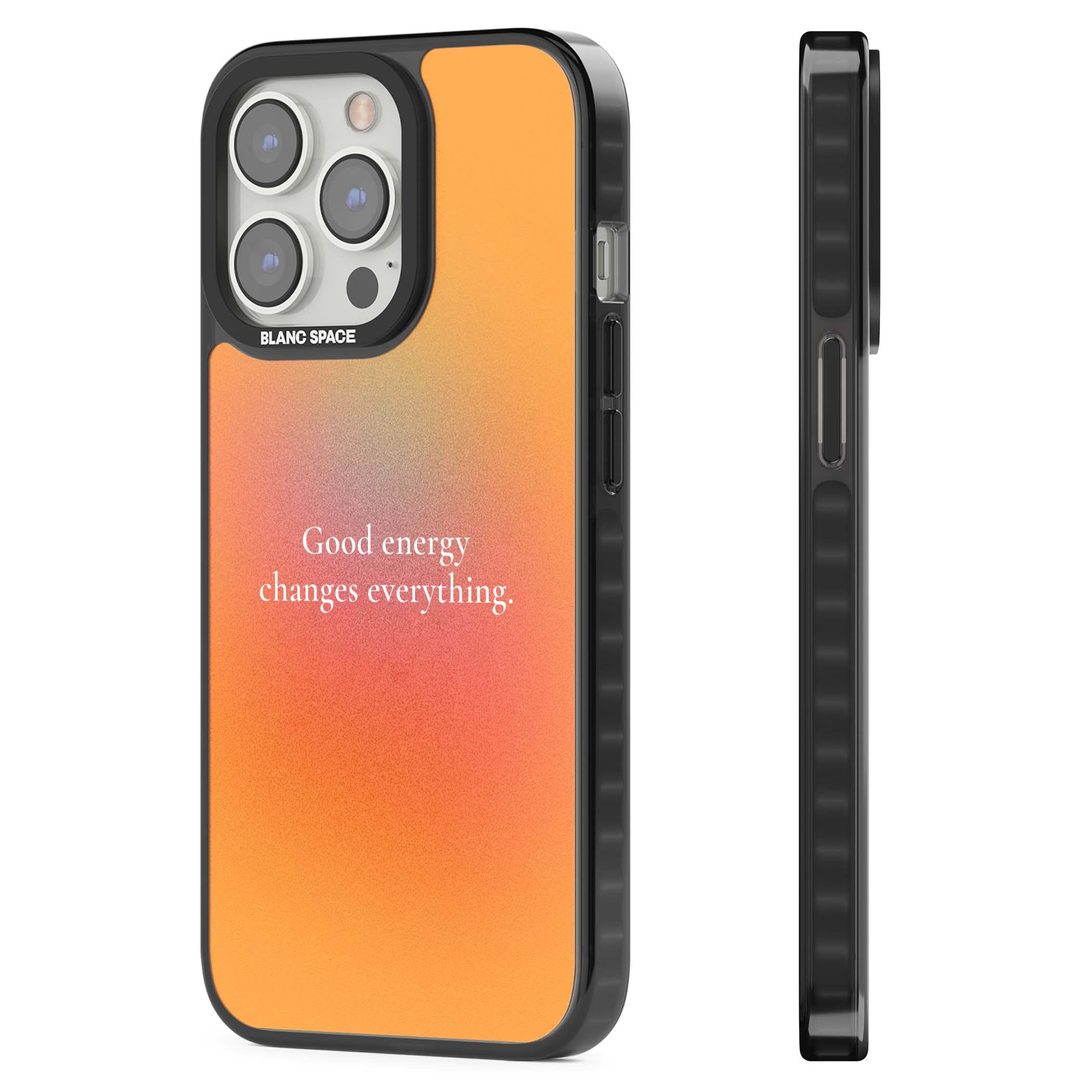 Good Energy quote iPhone case featuring an orange and pink aura gradient with white serif affirmation text | Black Impact Magsafe case for iPhone 13 Pro, iPhone 14 Pro, iPhone 15 Pro