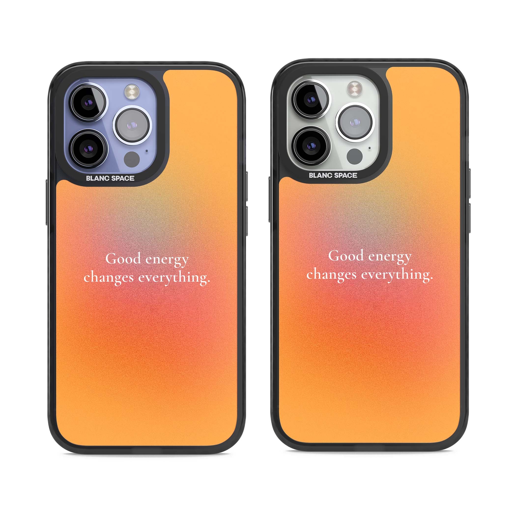 Good Energy quote iPhone case featuring an orange and pink aura gradient with white serif affirmation text | Black Impact Magsafe case for iPhone 13 Pro, iPhone 14 Pro, iPhone 15 Pro