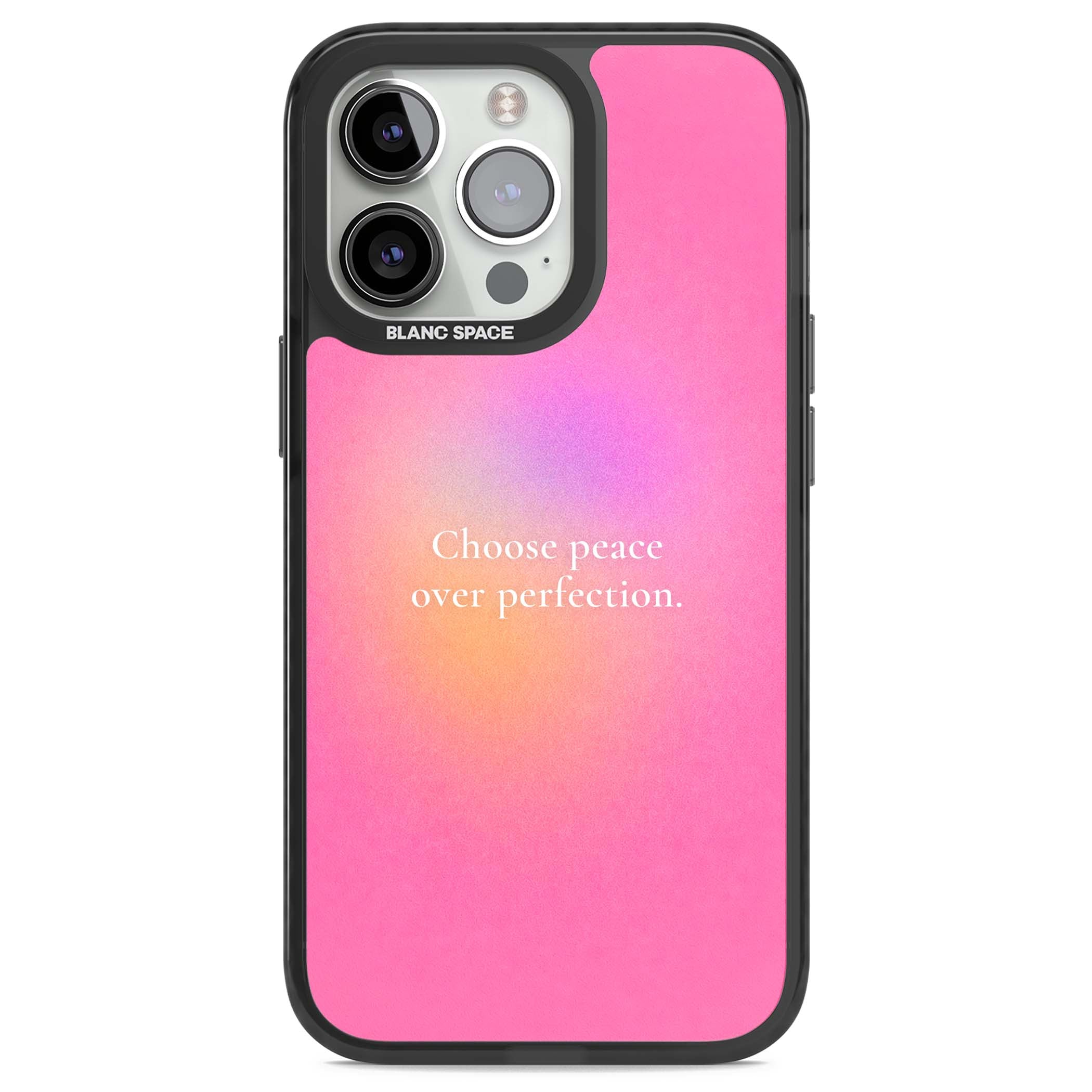 Peace Over Perfection quote iPhone case featuring a dreamy pink aura gradient and delicate white affirmation text | Black Impact Magsafe case for iPhone 13 Pro, iPhone 14 Pro, iPhone 15 Pro
