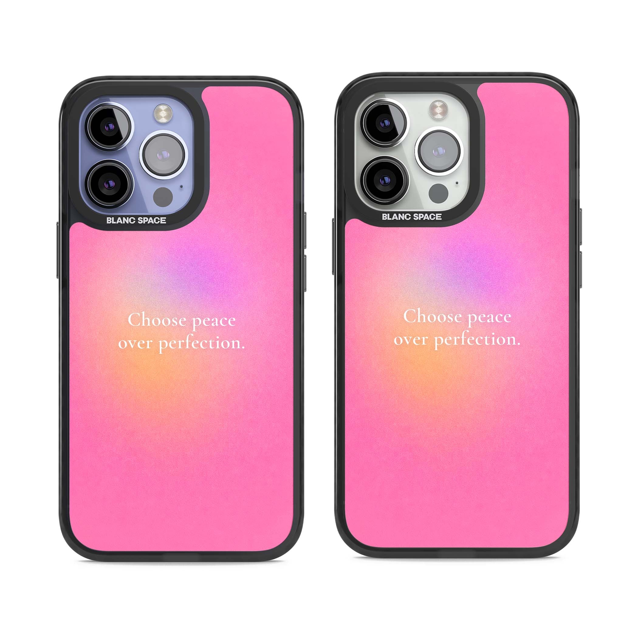 Peace Over Perfection quote iPhone case featuring a dreamy pink aura gradient and delicate white affirmation text | Black Impact Magsafe case for iPhone 13 Pro, iPhone 14 Pro, iPhone 15 Pro