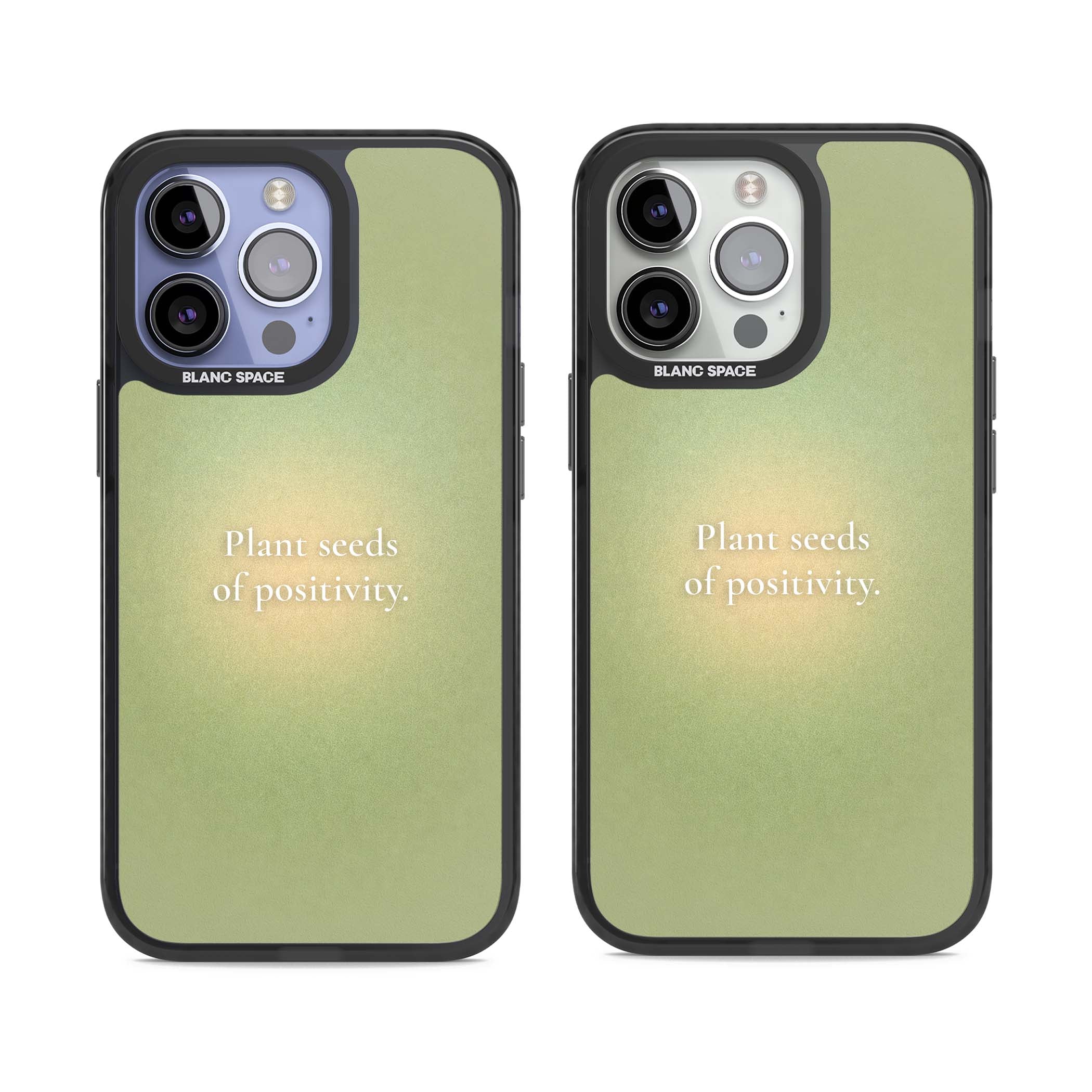 Seeds of Positivity quote iPhone case featuring a sage green aura gradient and golden glow affirmation | Black Impact Magsafe case for iPhone 13 Pro, iPhone 14 Pro, iPhone 15 Pro