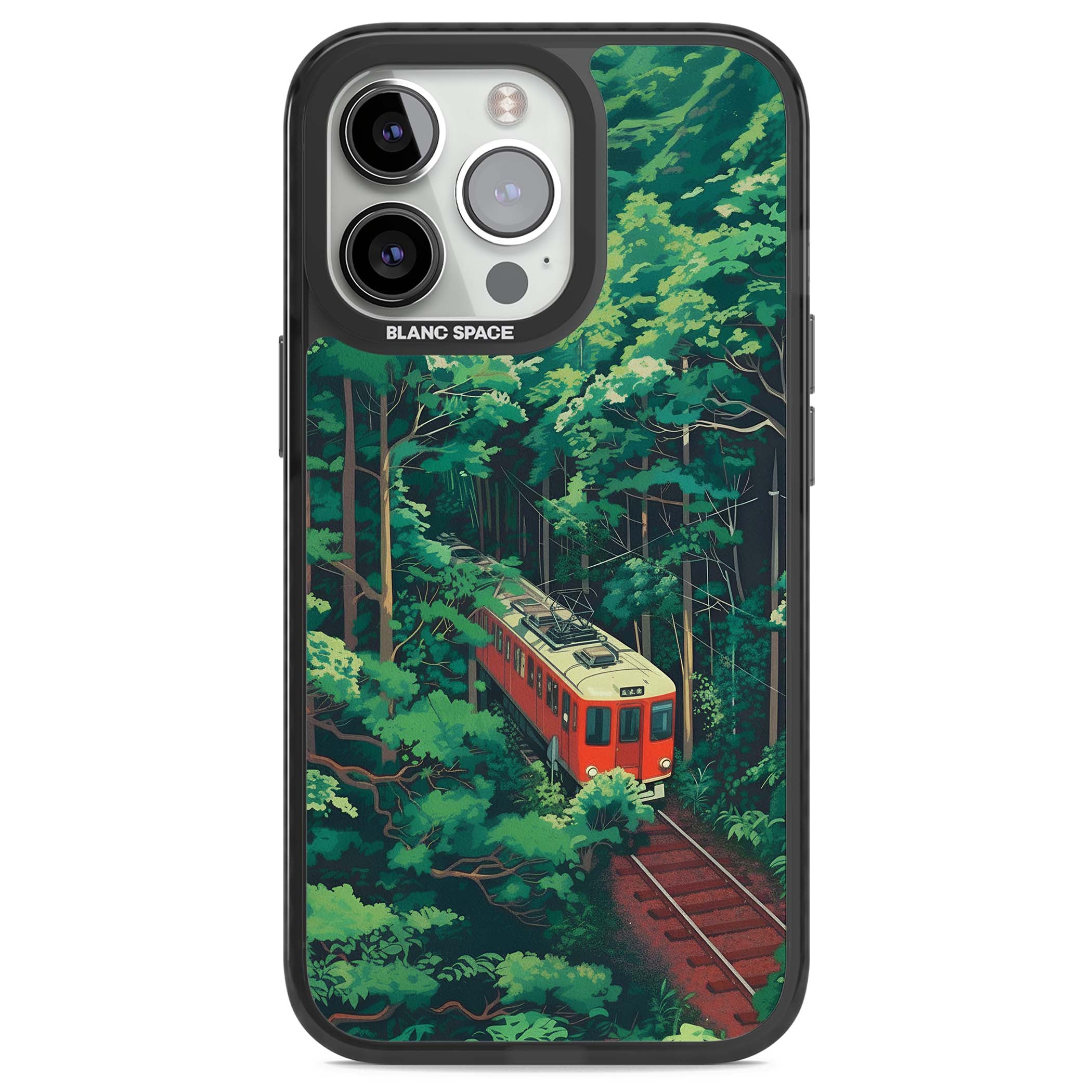 Railway In Toyama Japanese iPhone case featuring a red train, cedar forest and winding mountain railway tracks | Black Impact Magsafe case for iPhone 13 Pro, iPhone 14 Pro, iPhone 15 Pro