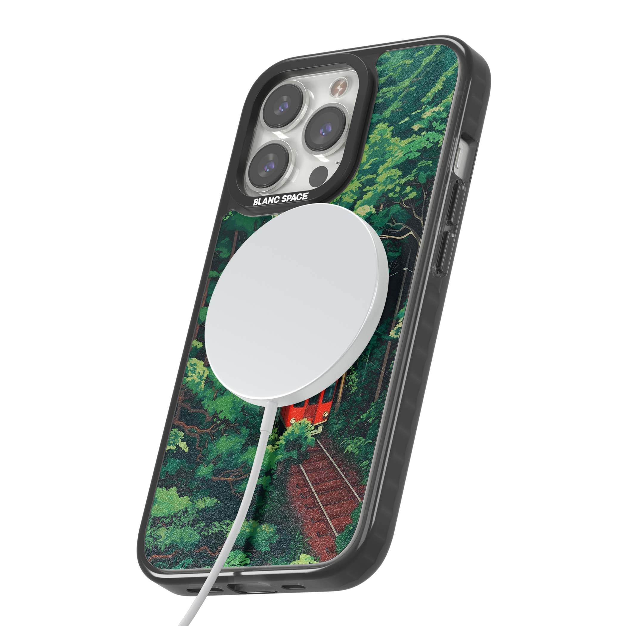 Railway In Toyama Japanese iPhone case featuring a red train, cedar forest and winding mountain railway tracks | Black Impact Magsafe case for iPhone 13 Pro, iPhone 14 Pro, iPhone 15 Pro