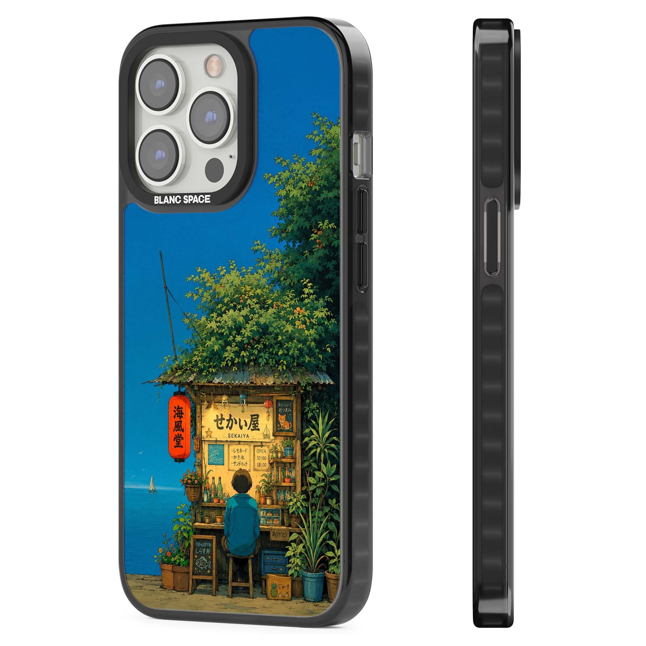 The Shirahama Kiosk anime iPhone case featuring a Japanese seaside shop, red paper lantern and ocean view | Black Impact Magsafe case for iPhone 13 Pro, iPhone 14 Pro, iPhone 15 Pro