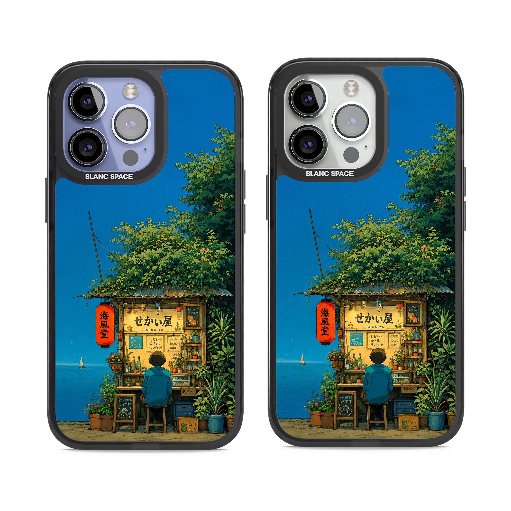 The Shirahama Kiosk anime iPhone case featuring a Japanese seaside shop, red paper lantern and ocean view | Black Impact Magsafe case for iPhone 13 Pro, iPhone 14 Pro, iPhone 15 Pro