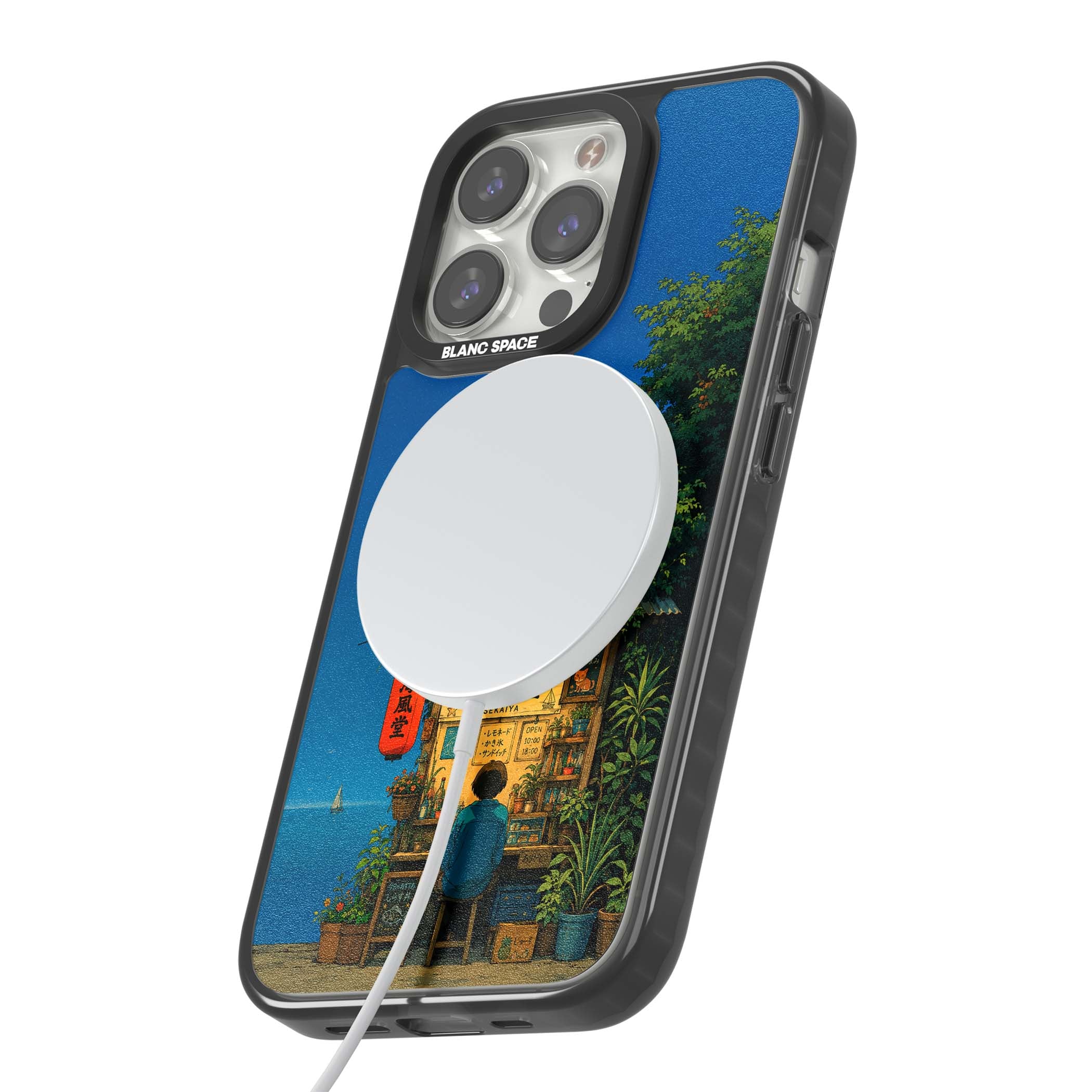 The Shirahama Kiosk anime iPhone case featuring a Japanese seaside shop, red paper lantern and ocean view | Black Impact Magsafe case for iPhone 13 Pro, iPhone 14 Pro, iPhone 15 Pro