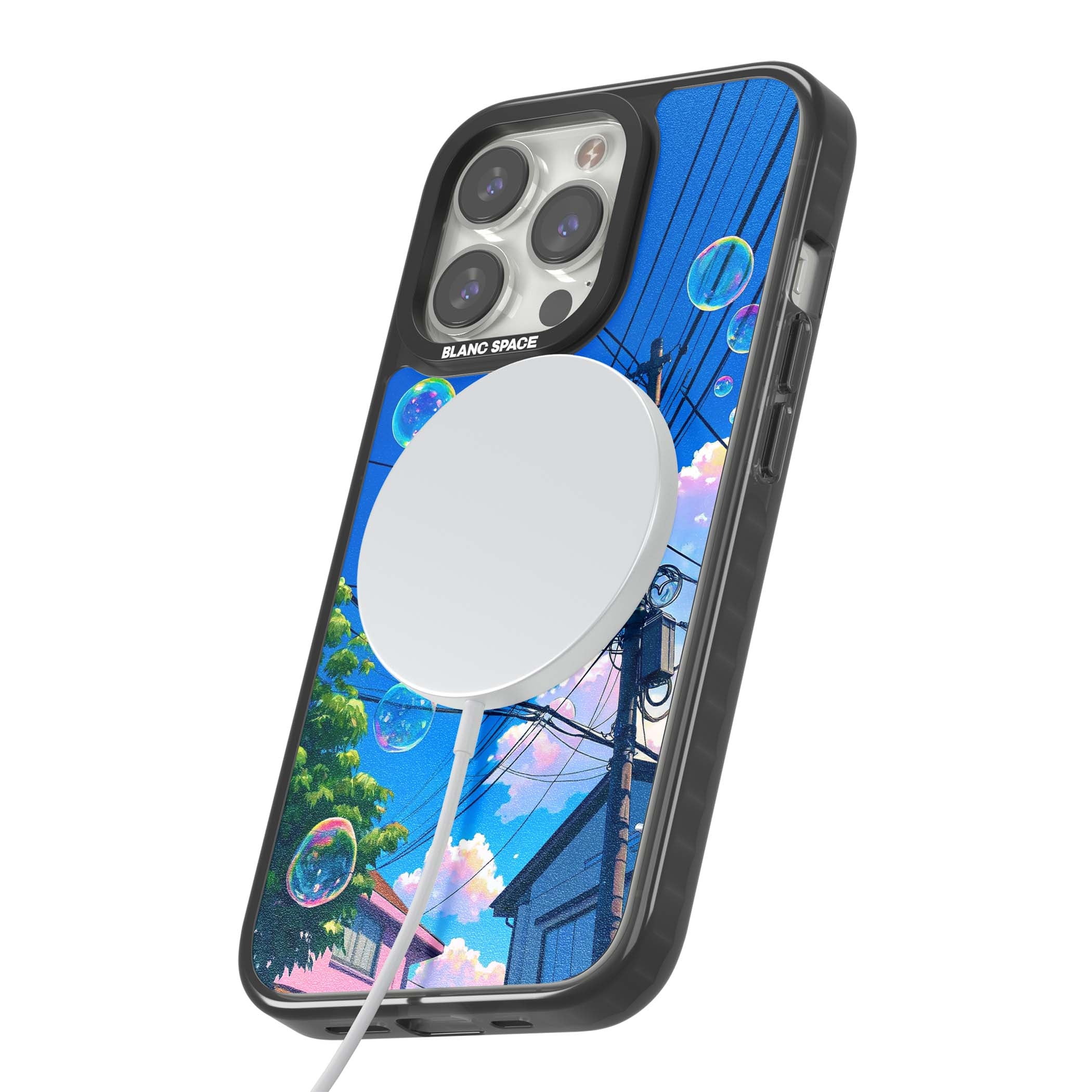 Suburban Bubbles anime iPhone case featuring iridescent soap bubbles, blue sky and Japanese telephone wires | Black Impact Magsafe case for iPhone 13 Pro, iPhone 14 Pro, iPhone 15 Pro