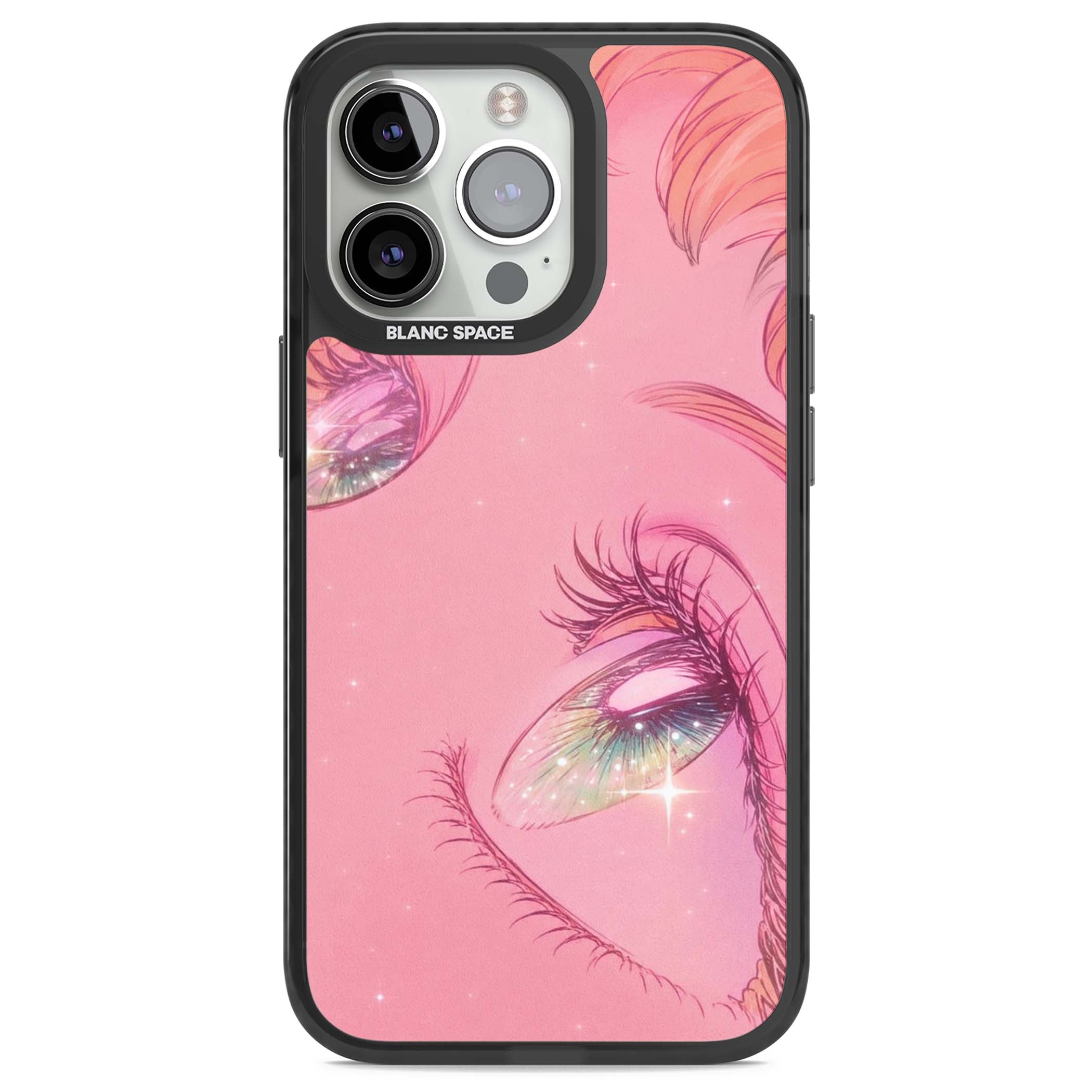 Pink Ethereal Gaze anime iPhone case featuring sparkling manga eyes, coral lashes and dreamy peach sky | Black Impact Magsafe case for iPhone 13 Pro, iPhone 14 Pro, iPhone 15 Pro
