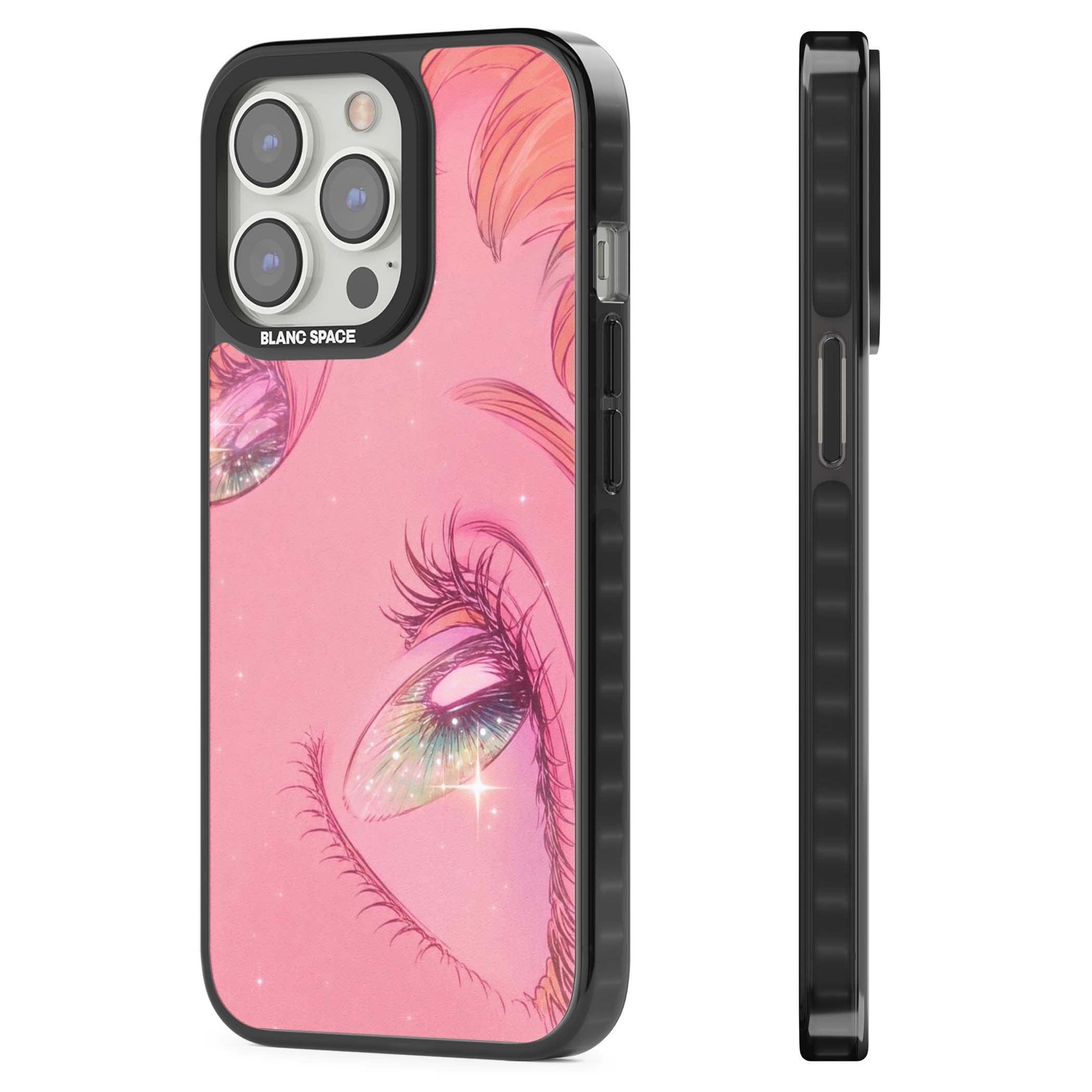 Pink Ethereal Gaze anime iPhone case featuring sparkling manga eyes, coral lashes and dreamy peach sky | Black Impact Magsafe case for iPhone 13 Pro, iPhone 14 Pro, iPhone 15 Pro