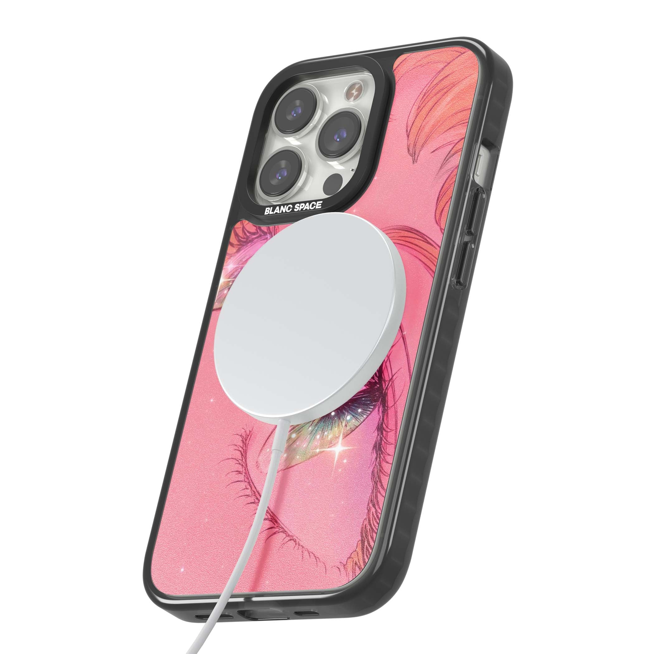 Pink Ethereal Gaze anime iPhone case featuring sparkling manga eyes, coral lashes and dreamy peach sky | Black Impact Magsafe case for iPhone 13 Pro, iPhone 14 Pro, iPhone 15 Pro
