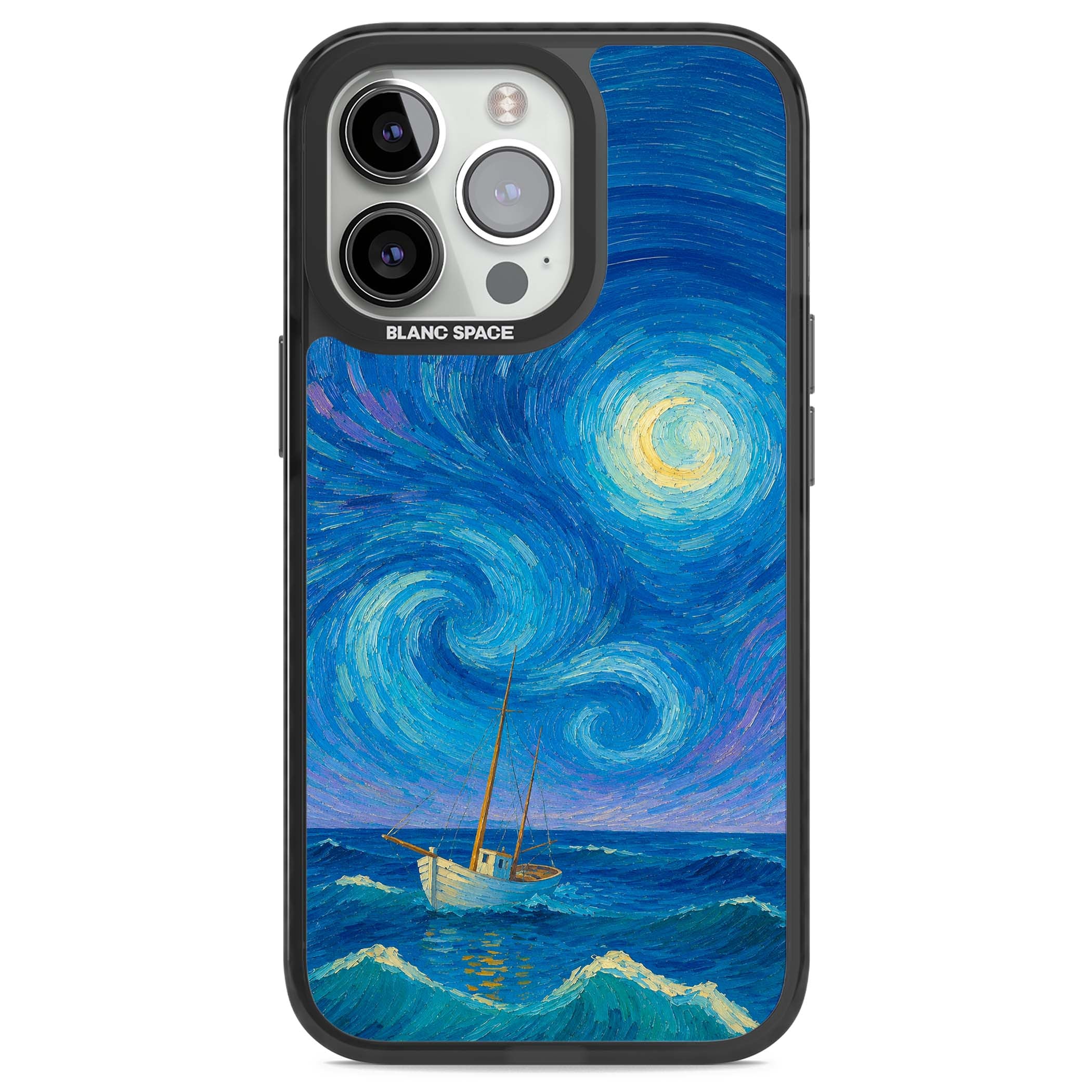 Moonlit Tide Van Gogh art iPhone case featuring swirling starry night sky, glowing moon and lone sailing boat at sea | Black Impact Magsafe case for iPhone 13 Pro, iPhone 14 Pro, iPhone 15 Pro