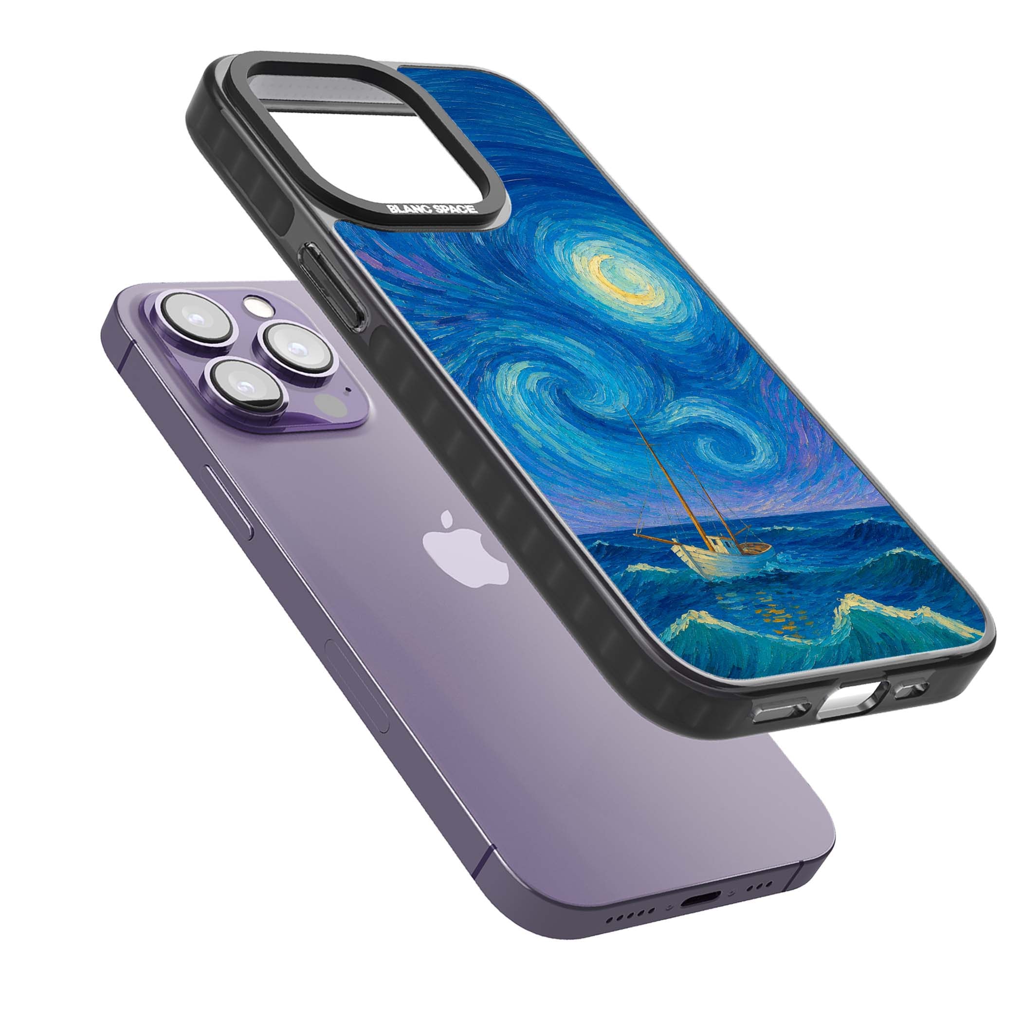 Moonlit Tide Van Gogh art iPhone case featuring swirling starry night sky, glowing moon and lone sailing boat at sea | Black Impact Magsafe case for iPhone 13 Pro, iPhone 14 Pro, iPhone 15 Pro