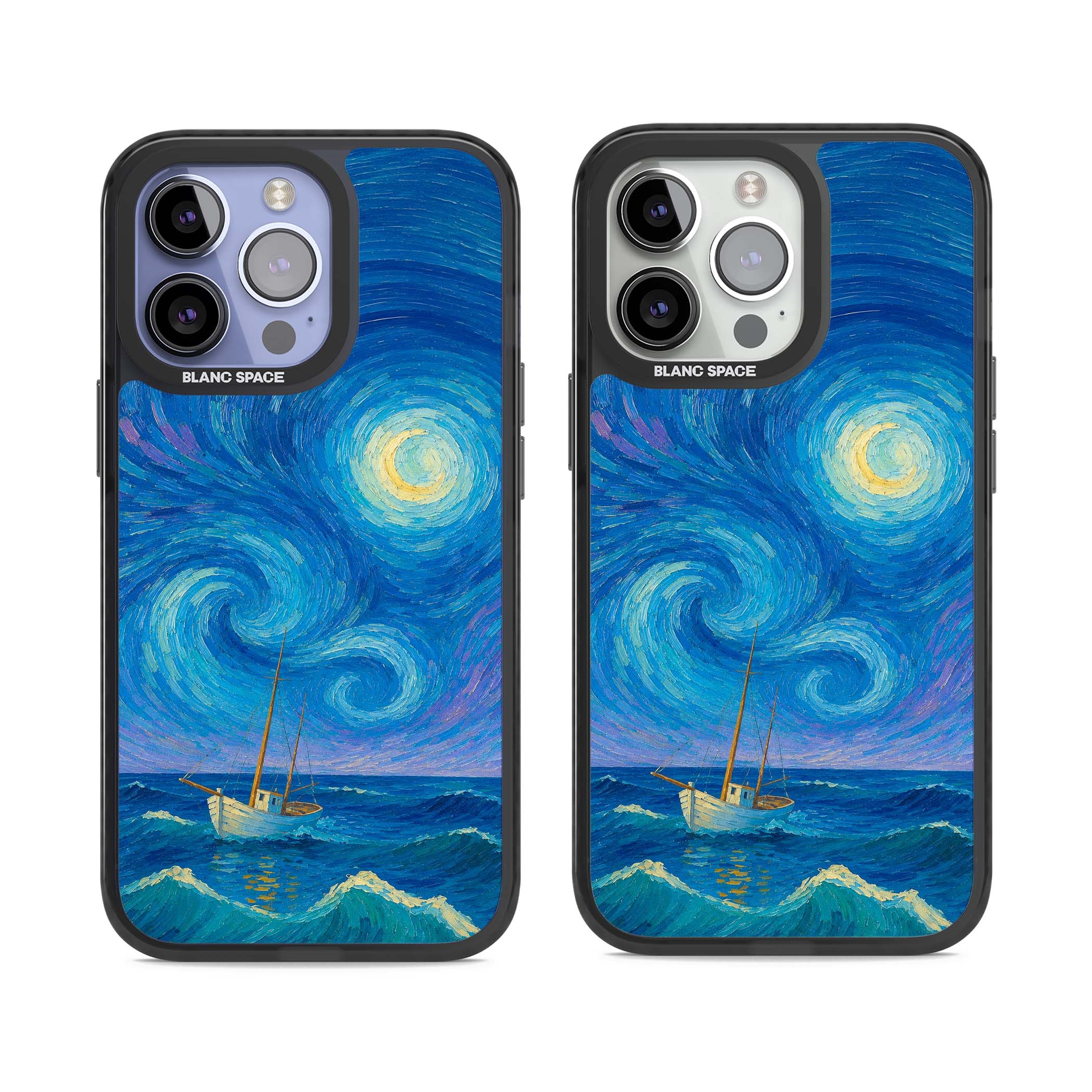 Moonlit Tide Van Gogh art iPhone case featuring swirling starry night sky, glowing moon and lone sailing boat at sea | Black Impact Magsafe case for iPhone 13 Pro, iPhone 14 Pro, iPhone 15 Pro