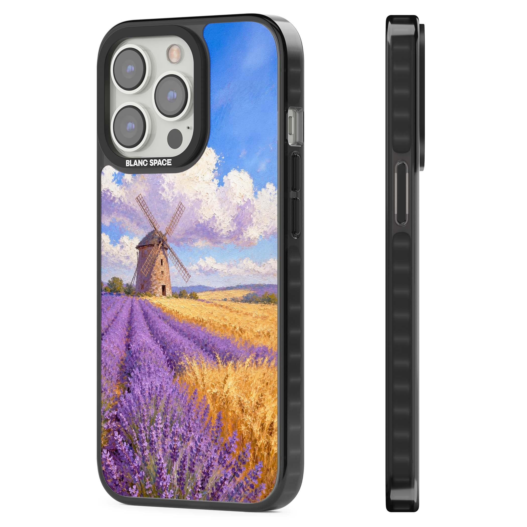 Lavender Mill cottagecore iPhone case featuring a French windmill, lavender field and golden wheat oil painting | Black Impact Magsafe case for iPhone 13 Pro, iPhone 14 Pro, iPhone 15 Pro