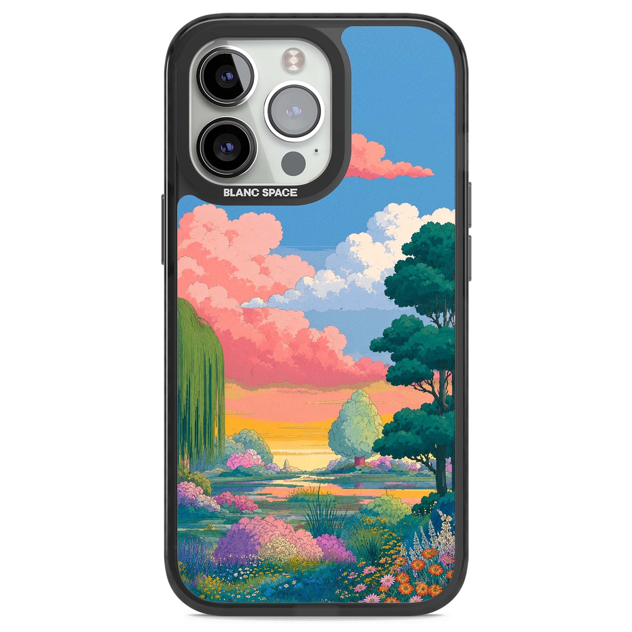 Dream Valley anime landscape iPhone case featuring pink sunset clouds, willow trees and wildflowers | Black Impact Magsafe case for iPhone 13 Pro, iPhone 14 Pro, iPhone 15 Pro