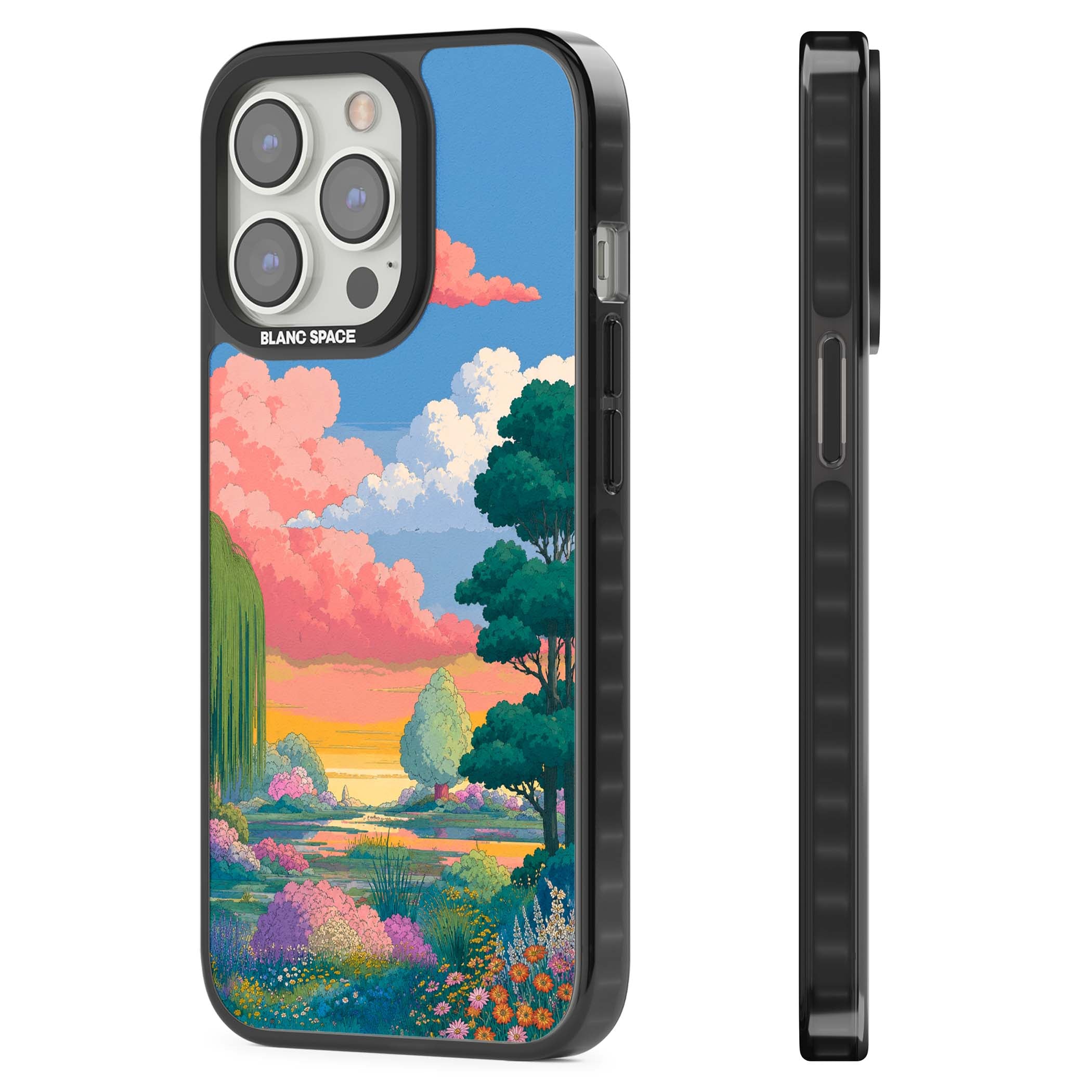 Dream Valley anime landscape iPhone case featuring pink sunset clouds, willow trees and wildflowers | Black Impact Magsafe case for iPhone 13 Pro, iPhone 14 Pro, iPhone 15 Pro