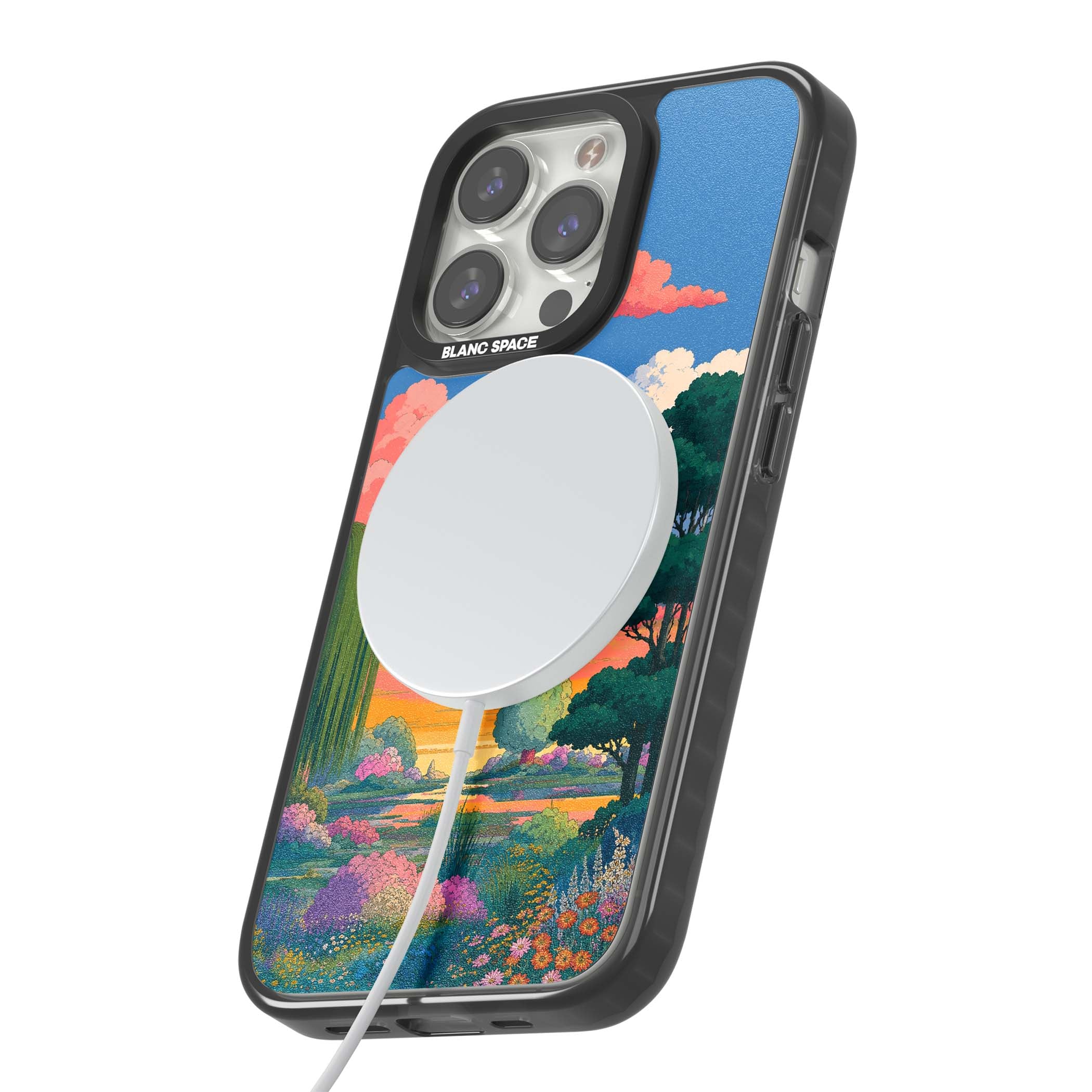 Dream Valley anime landscape iPhone case featuring pink sunset clouds, willow trees and wildflowers | Black Impact Magsafe case for iPhone 13 Pro, iPhone 14 Pro, iPhone 15 Pro