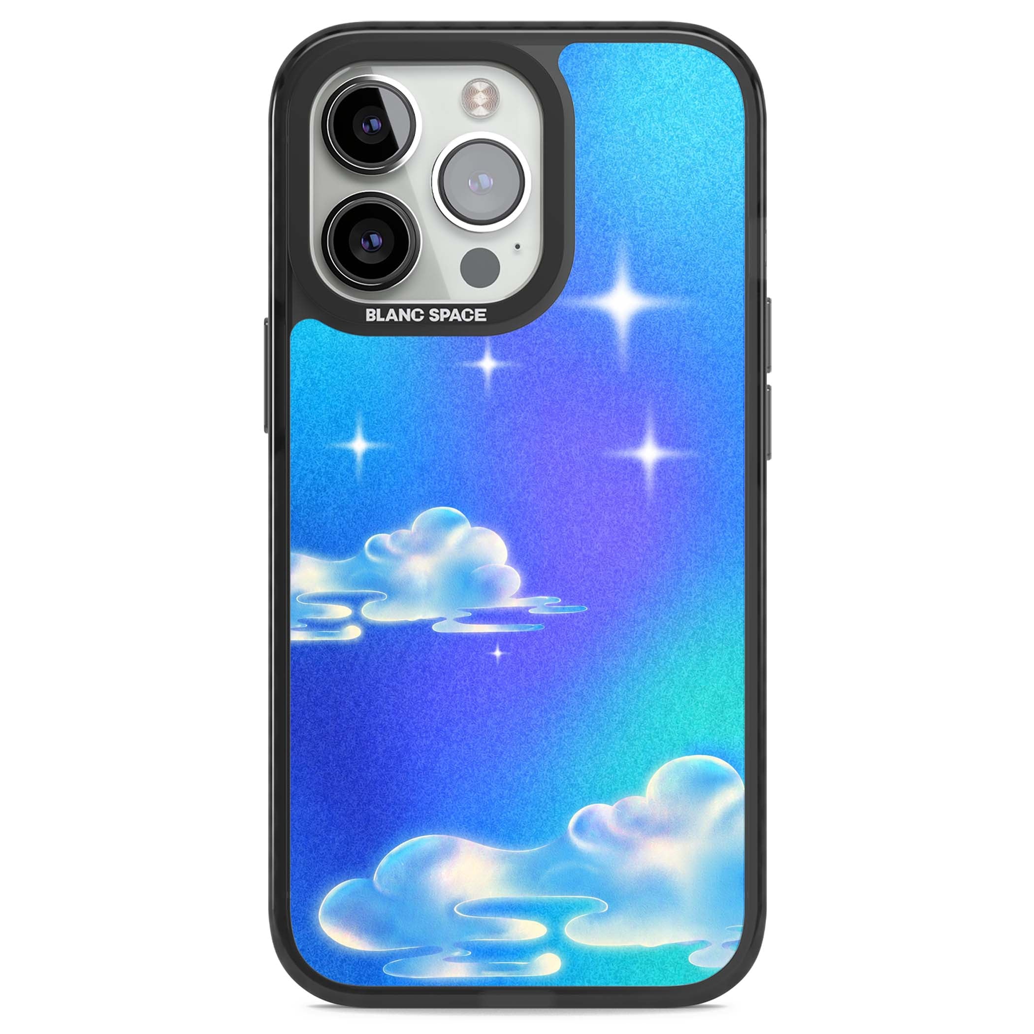 Aurora celestial iPhone case featuring dreamy iridescent clouds, sparkling stars and pastel blue purple sky | Black Impact Magsafe case for iPhone 13 Pro, iPhone 14 Pro, iPhone 15 Pro