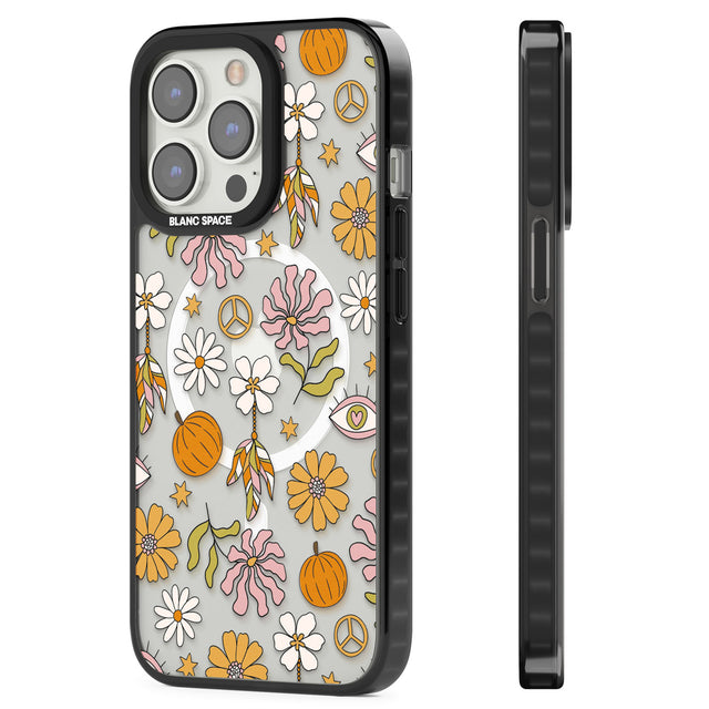 Retro Boho Fall Floral Magsafe Black Impact Phone Case for iPhone 13 Pro, iPhone 14 Pro, iPhone 15 Pro