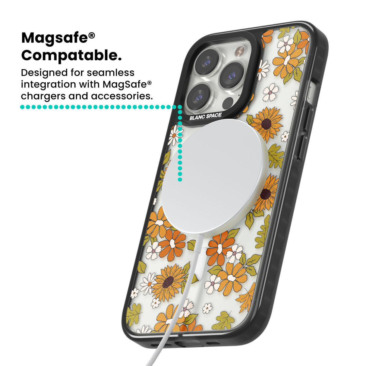 Boho Sunflowers Magsafe Black Impact Phone Case for iPhone 13 Pro, iPhone 14 Pro, iPhone 15 Pro