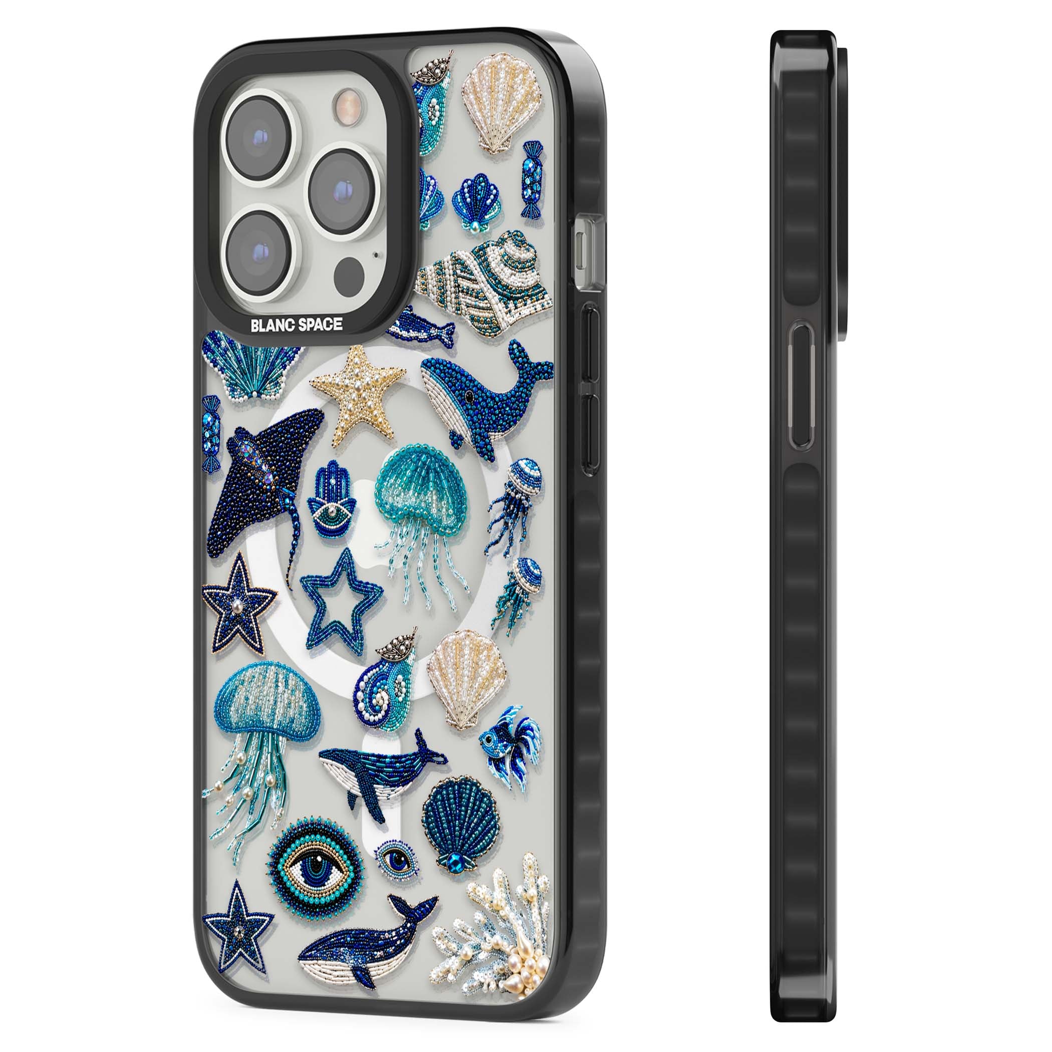 Beaded Coastal coastal iPhone case featuring embroidered seashells, jellyfish and a blue whale on clear | Black Impact Magsafe case for iPhone 13 Pro, iPhone 14 Pro, iPhone 15 Pro