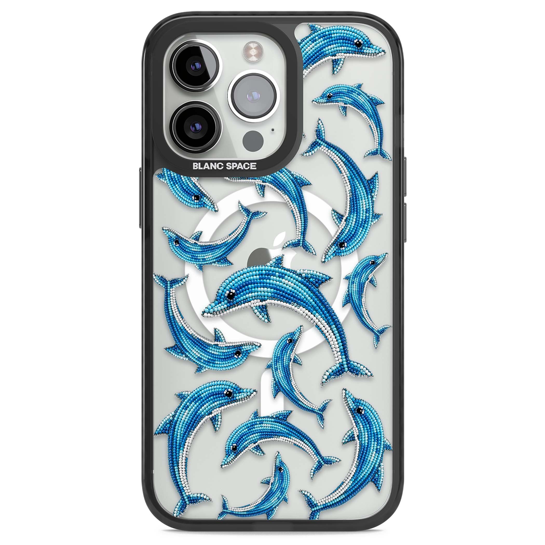 Beaded Dolphins coastal iPhone case featuring beaded dolphins in blue and white swimming across a clear background | Black Impact Magsafe case for iPhone 13 Pro, iPhone 14 Pro, iPhone 15 Pro