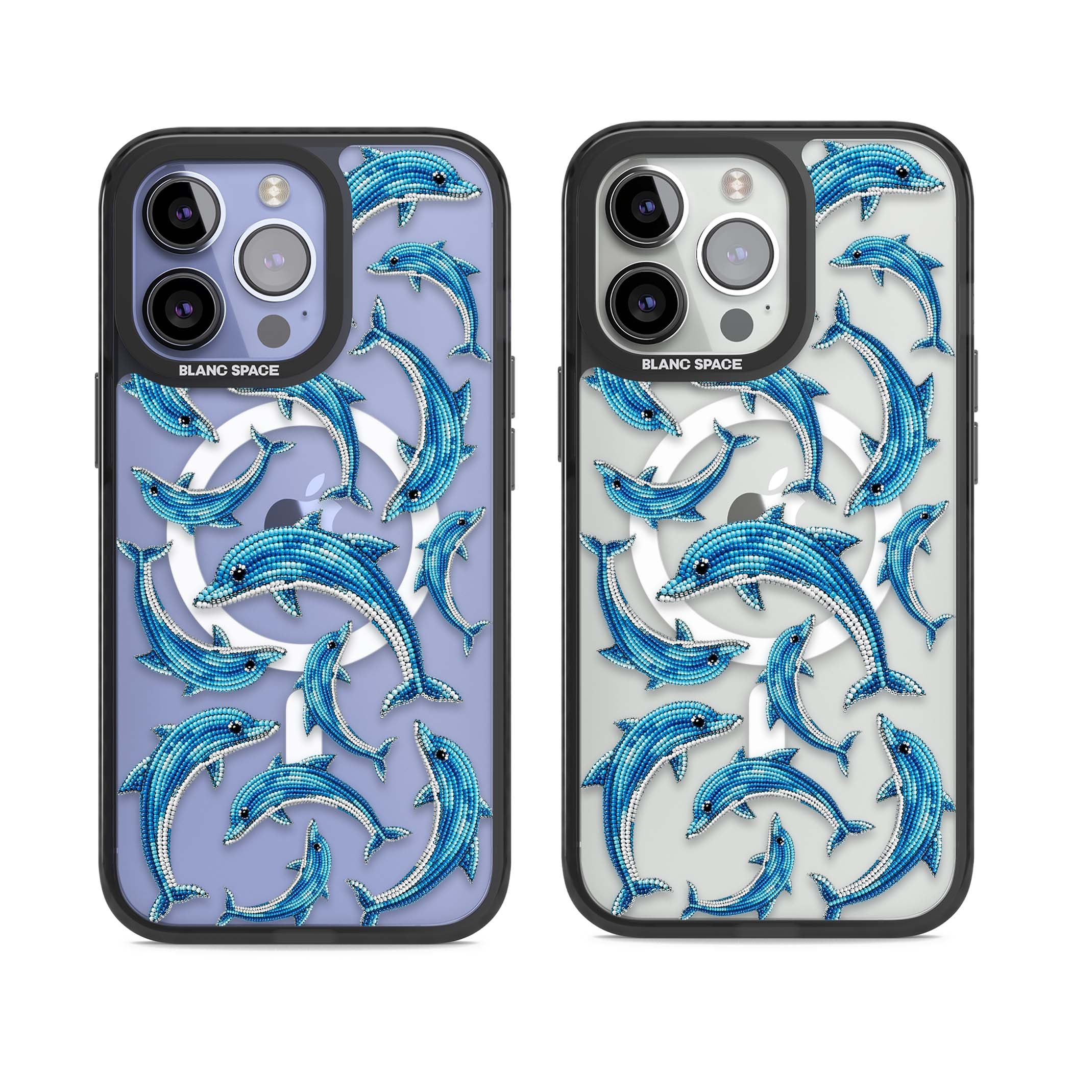 Beaded Dolphins coastal iPhone case featuring beaded dolphins in blue and white swimming across a clear background | Black Impact Magsafe case for iPhone 13 Pro, iPhone 14 Pro, iPhone 15 Pro