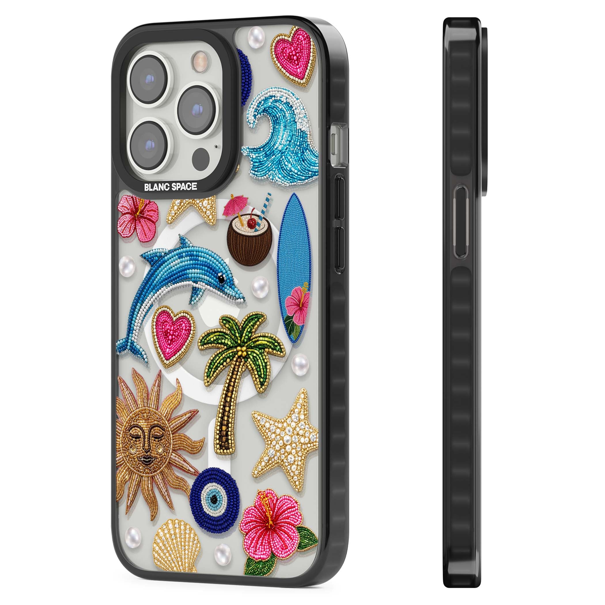 Beaded Beach coastal summer iPhone case featuring embroidered evil eye, hibiscus flowers, dolphin and palm tree patches | Black Impact Magsafe case for iPhone 13 Pro, iPhone 14 Pro, iPhone 15 Pro