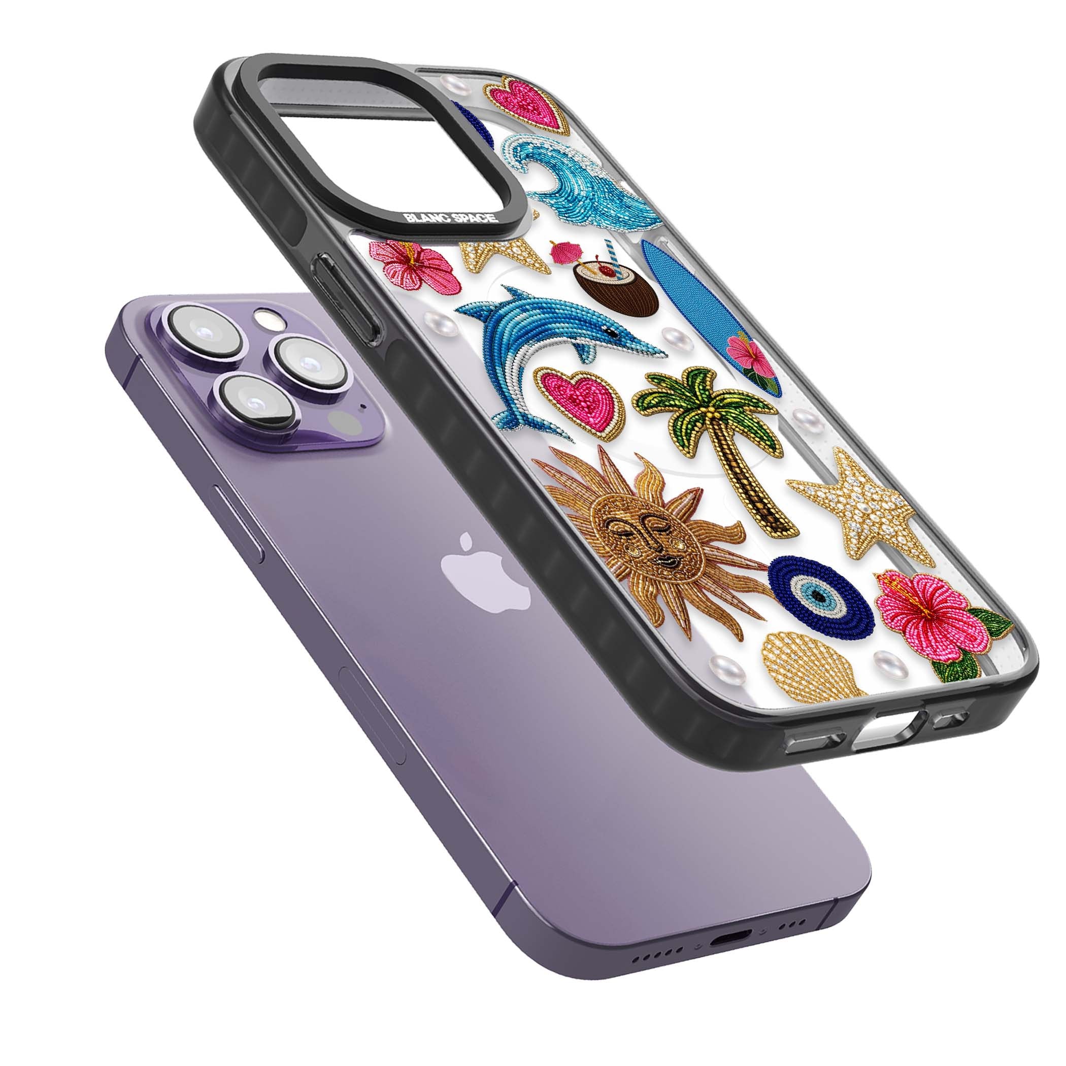 Beaded Beach coastal summer iPhone case featuring embroidered evil eye, hibiscus flowers, dolphin and palm tree patches | Black Impact Magsafe case for iPhone 13 Pro, iPhone 14 Pro, iPhone 15 Pro