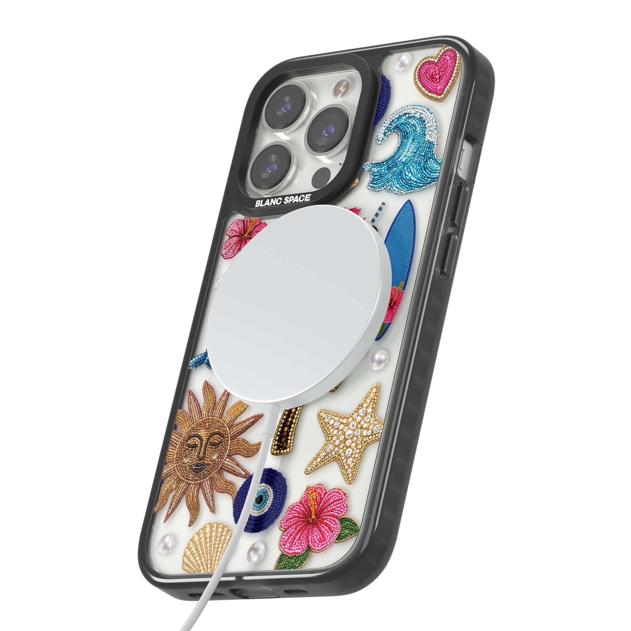 Beaded Beach coastal summer iPhone case featuring embroidered evil eye, hibiscus flowers, dolphin and palm tree patches | Black Impact Magsafe case for iPhone 13 Pro, iPhone 14 Pro, iPhone 15 Pro