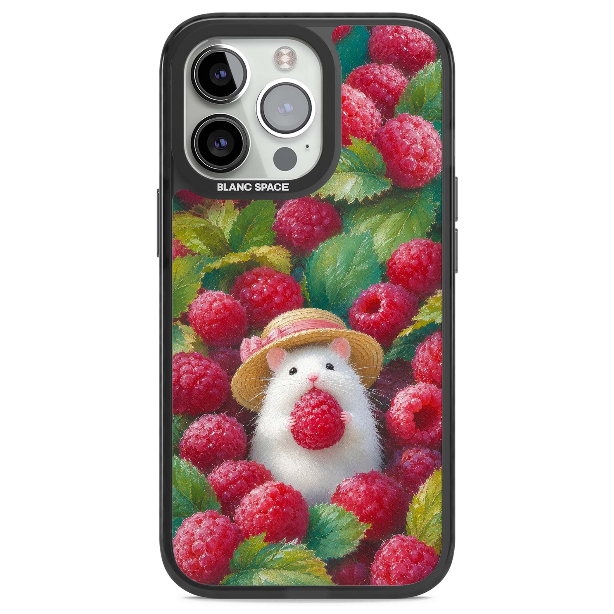 Berry Forager cottagecore iPhone case featuring a white hamster in a straw hat holding a raspberry surrounded by ripe ber | Black Impact Magsafe case for iPhone 13 Pro, iPhone 14 Pro, iPhone 15 Pro