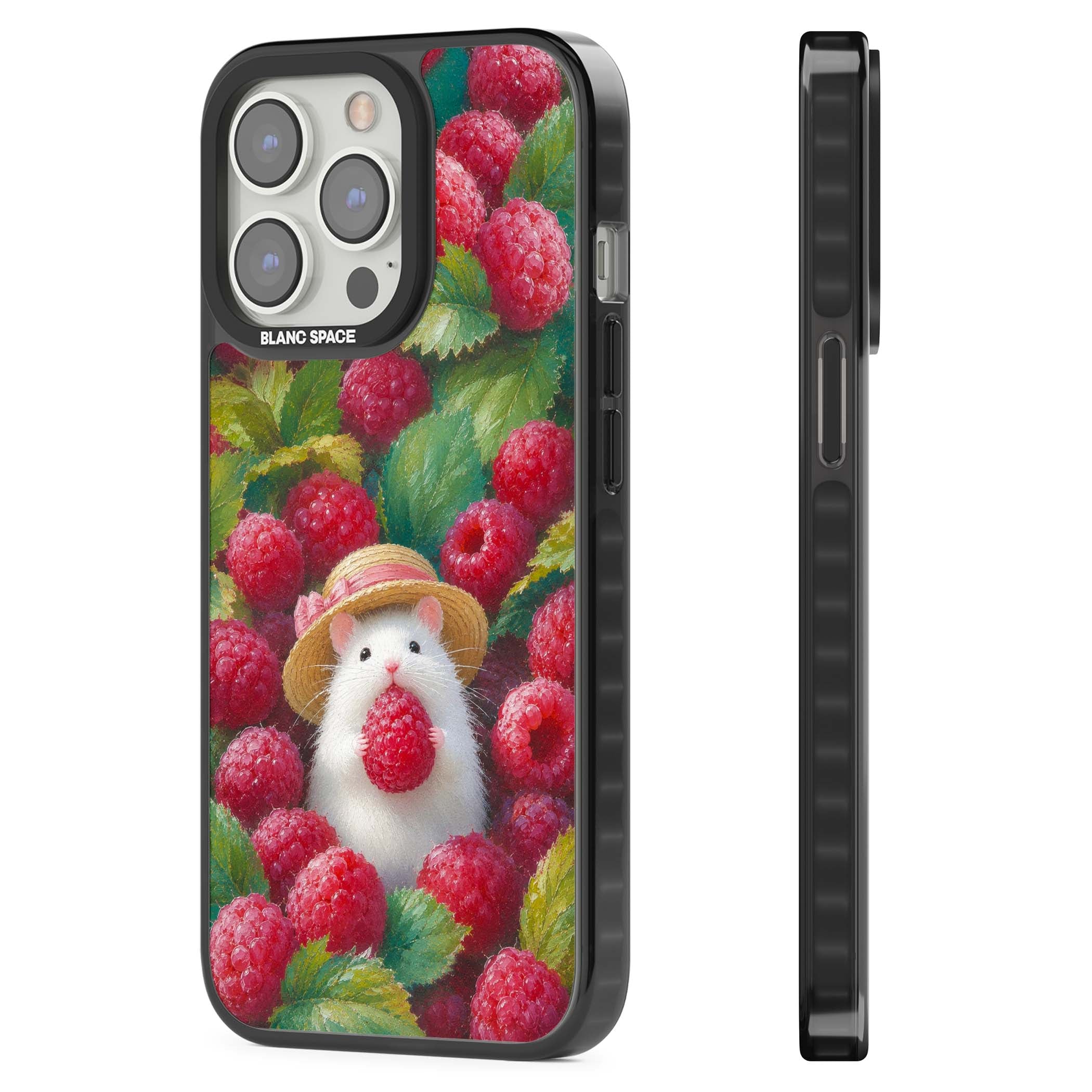 Berry Forager cottagecore iPhone case featuring a white hamster in a straw hat holding a raspberry surrounded by ripe ber | Black Impact Magsafe case for iPhone 13 Pro, iPhone 14 Pro, iPhone 15 Pro