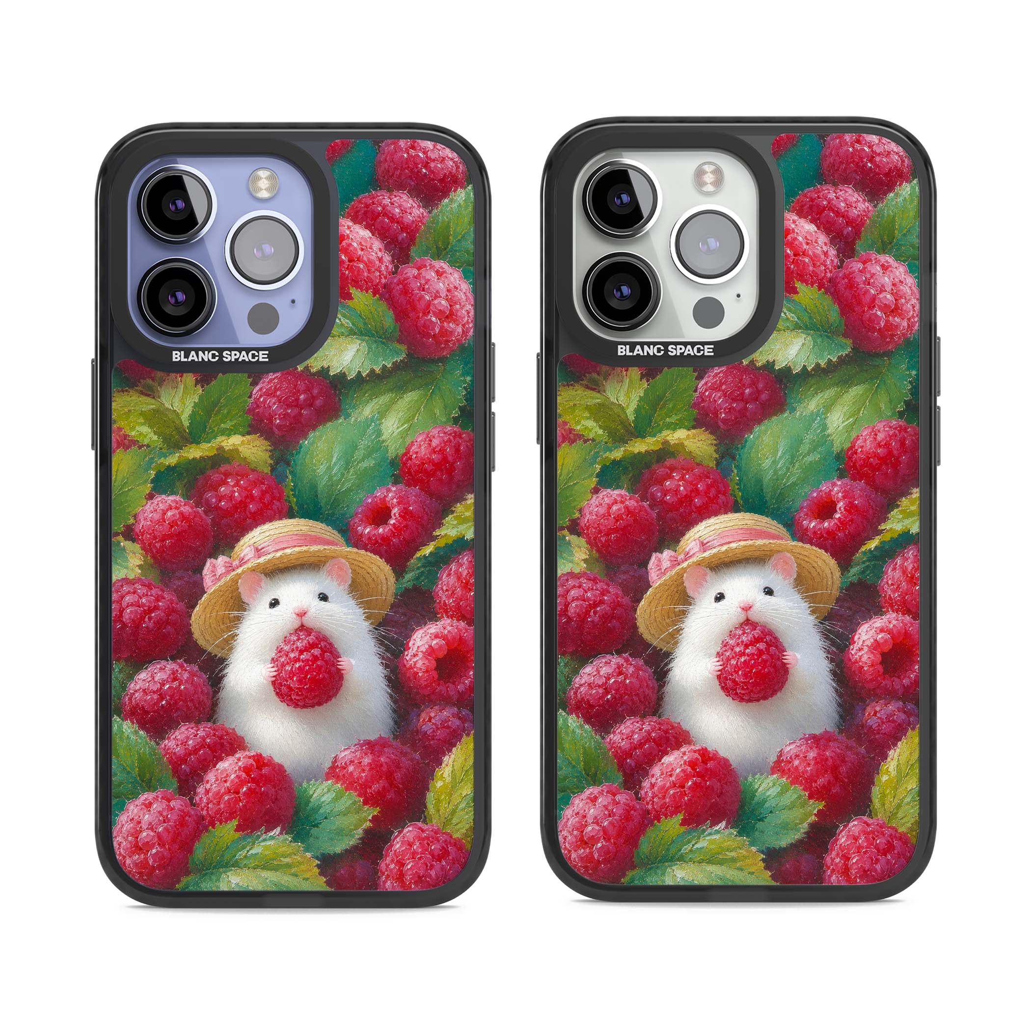 Berry Forager cottagecore iPhone case featuring a white hamster in a straw hat holding a raspberry surrounded by ripe ber | Black Impact Magsafe case for iPhone 13 Pro, iPhone 14 Pro, iPhone 15 Pro