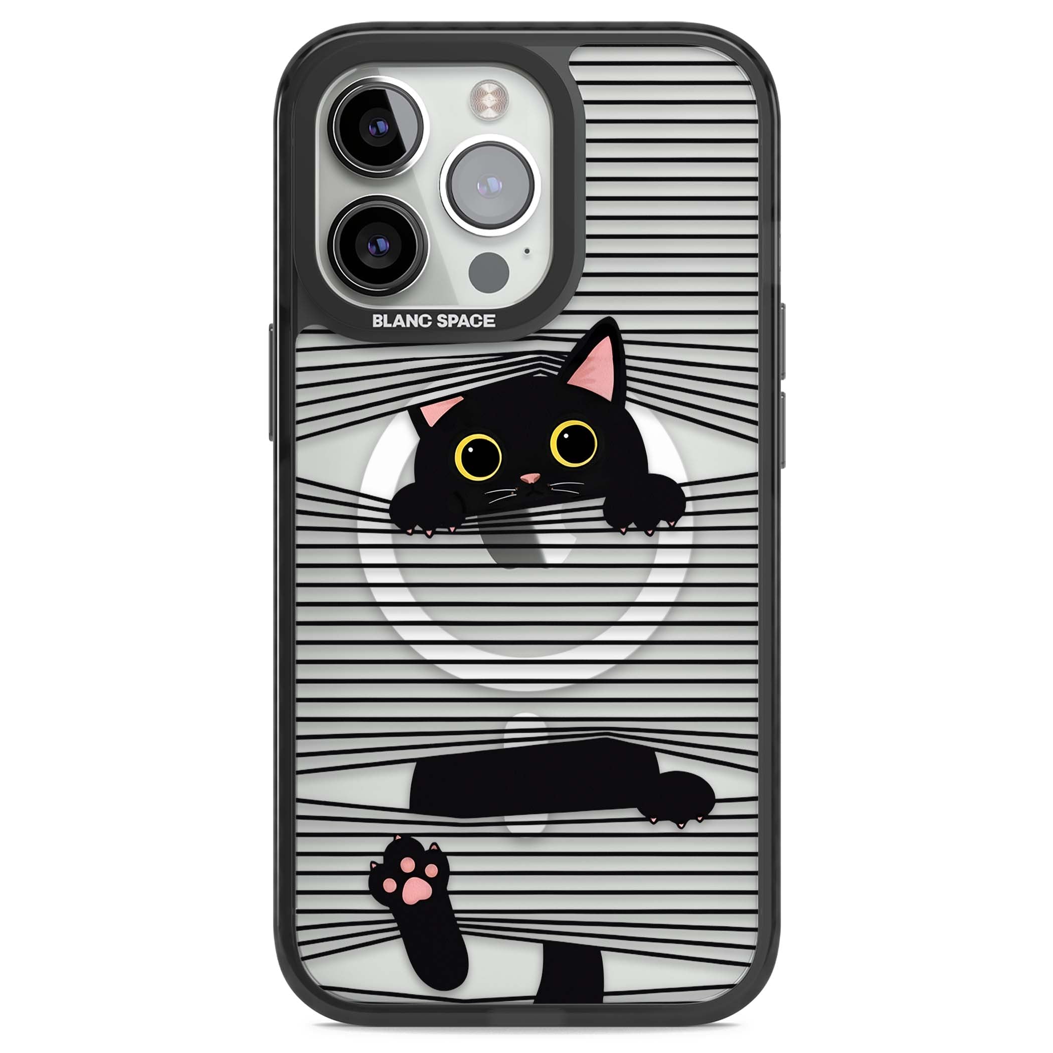 Peek-a-Boo Cat minimal iPhone case featuring black cat peeking through horizontal black and white stripes | Black Impact Magsafe case for iPhone 13 Pro, iPhone 14 Pro, iPhone 15 Pro