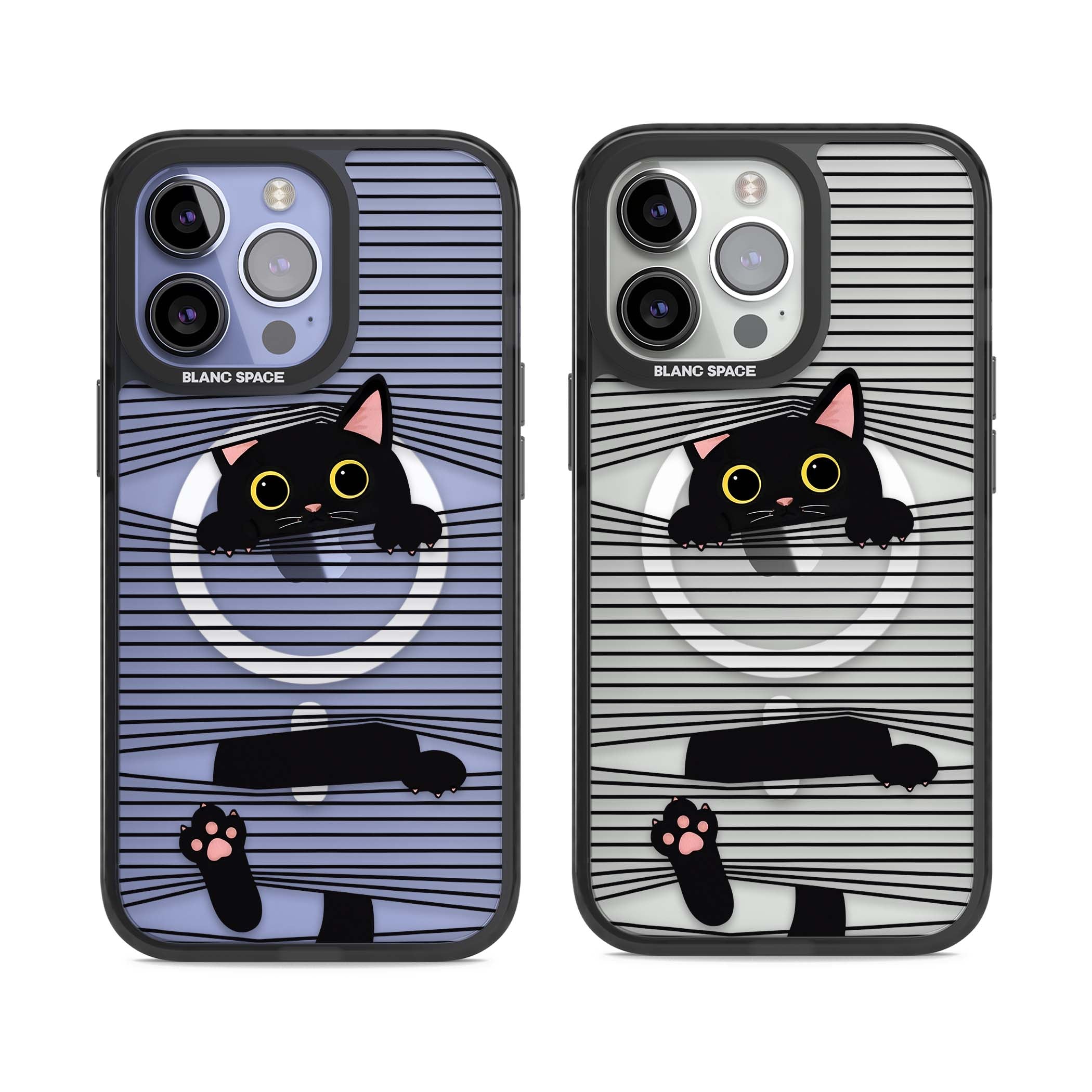 Peek-a-Boo Cat minimal iPhone case featuring black cat peeking through horizontal black and white stripes | Black Impact Magsafe case for iPhone 13 Pro, iPhone 14 Pro, iPhone 15 Pro