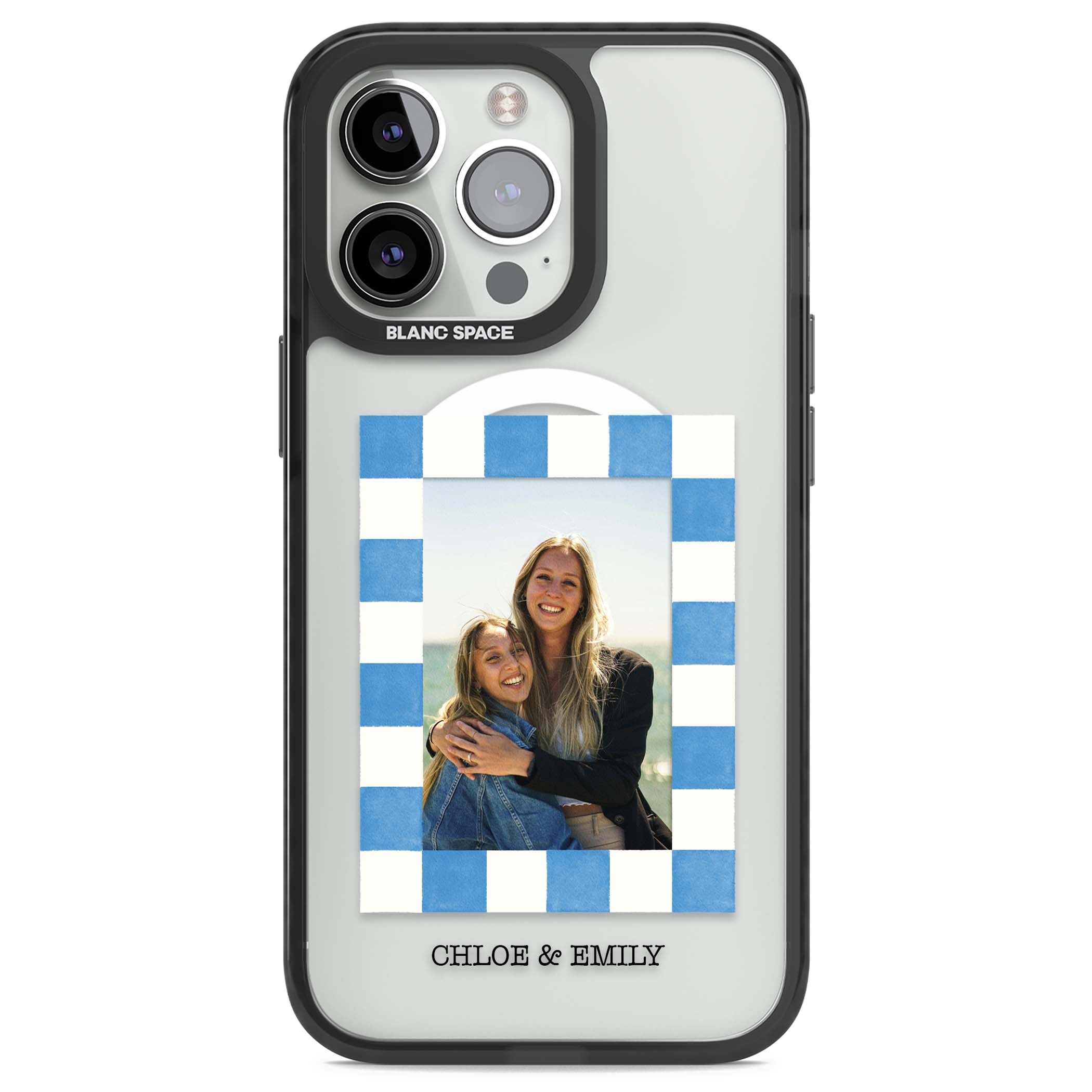 Blue Check Photo personalised photo iPhone case with blue checkered frame and custom couple names | Black Impact Magsafe case for iPhone 13 Pro, iPhone 14 Pro, iPhone 15 Pro