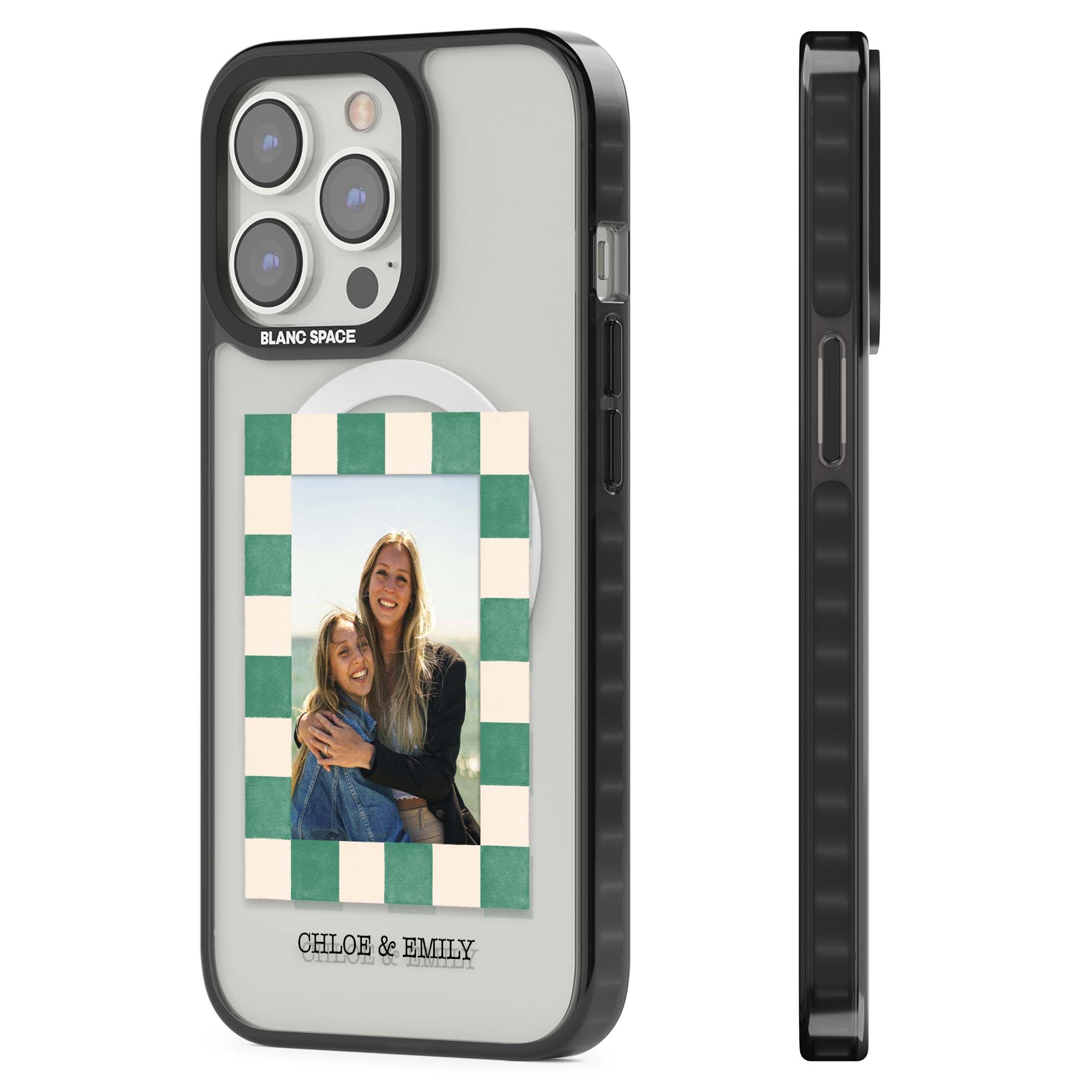 Seafoam Check Photo personalised iPhone case featuring a custom polaroid photo, green and cream checkered frame, and custom n | Black Impact Magsafe case for iPhone 13 Pro, iPhone 14 Pro, iPhone 15 Pro